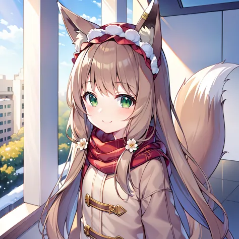 Masterpiece, Best quality, high resolution, 1girll, Solo, Oversized fox tail，(Long brown hair)，Green eyes，Small flower headdress...