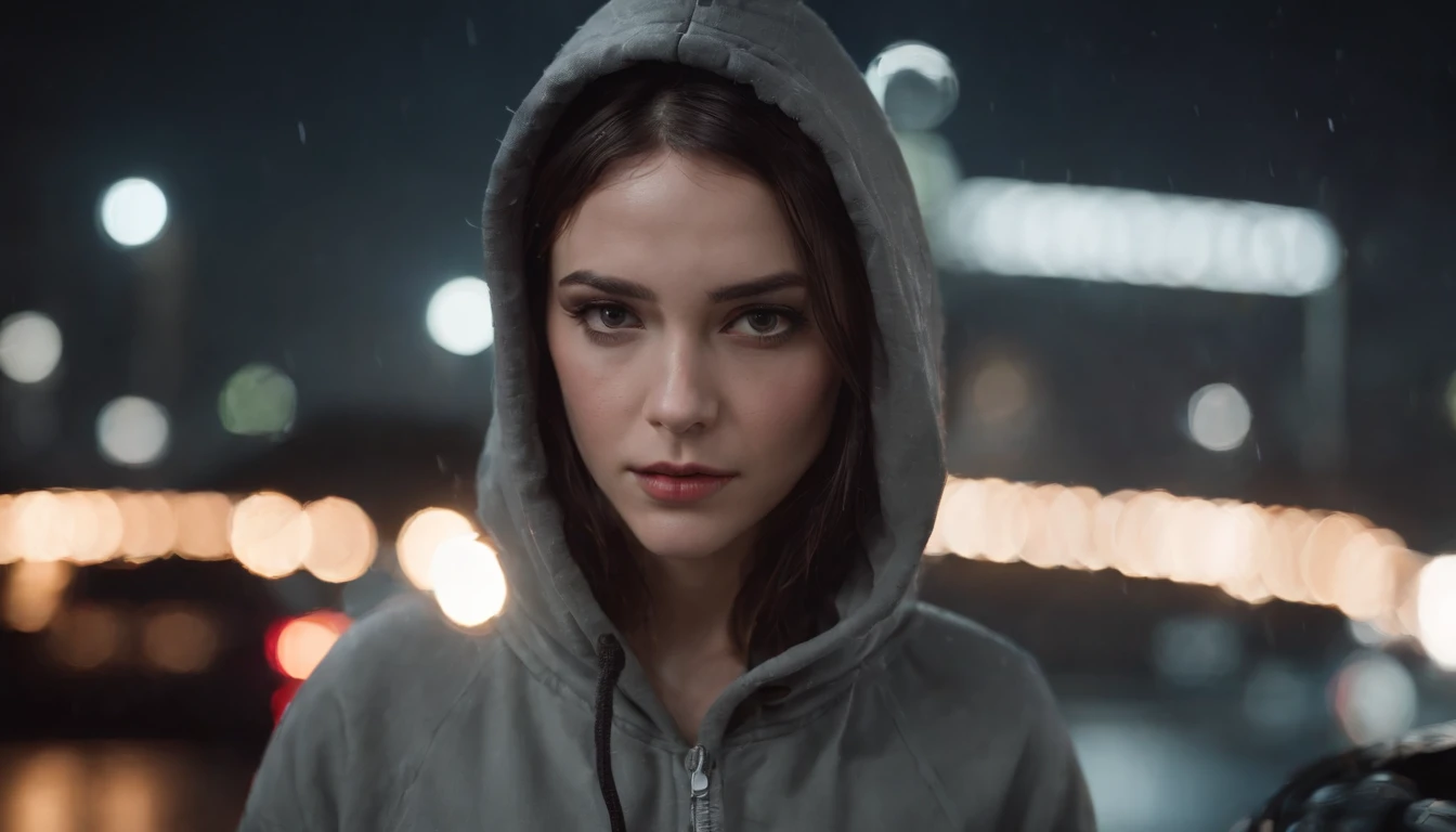 Photography of a brunette sad girl outside of her car at night, wearing a hoodie, dripping make-up, sad woman, black make-up, nissan skyline, night lights, cyberpunk city lights, night sky, night drive, raining, rain, rainy night, ultra detailed, photorealistic, cinematic, masterpiece.