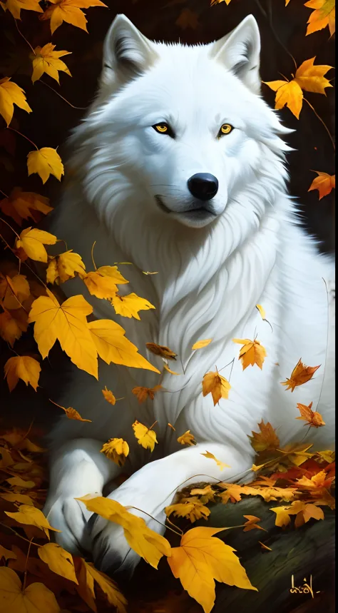 Painting of a white wolf lying on the leaves of a tree, lobo branco, um lobo branco, beautiful autumn spirit, Lobo branco com olhos azuis, Ele tem olhos de lobo amarelos, Lobo Dourado, 3 0, grande lobo, outono, foto de lobo, no estilo bev dolittle, lobo pe...