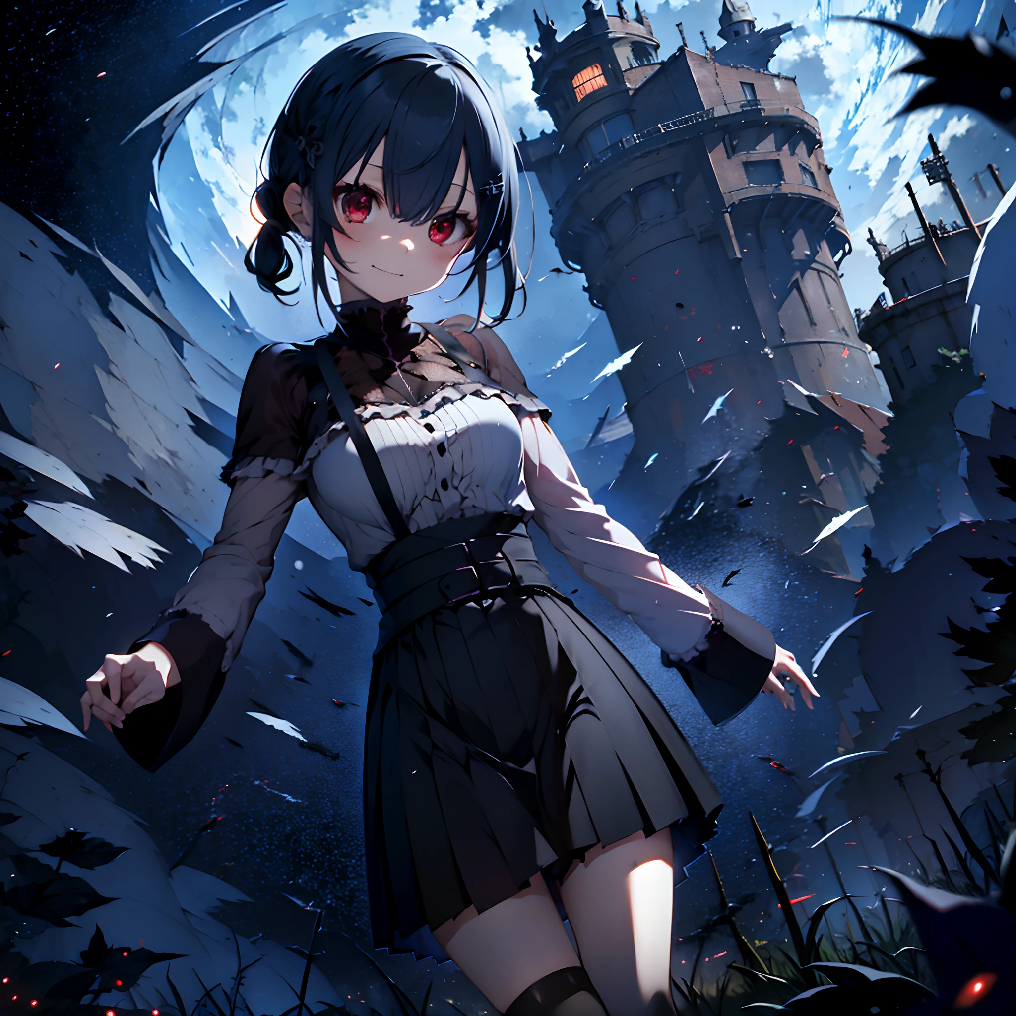 1 girl, solo, Hakase_Fuyuki, aberrant colours, dystopian world, medieval gothic, frilled gothic dress, short sleeves dress, 1 piece gothic dress with long skirt, black hair with grey tips, cute hair accessory, sidebangs, long hair, heterochromia, hair between eyes, tattered and torn outfit, evil smile, opaque black stockings, looking down on viewer, low angle, ashes flying in the skiy, alien-like sea ships in background