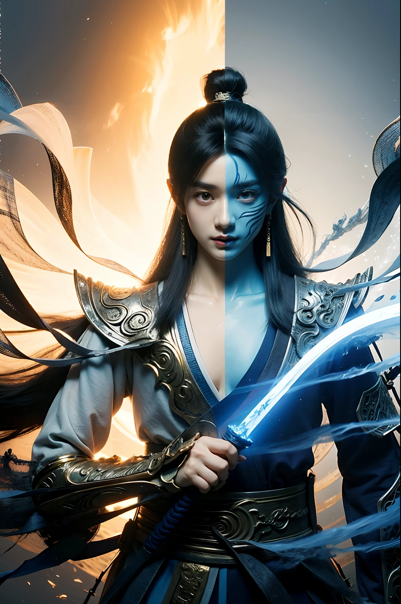 Mulan wearing a mask, Mulan without a mask, Black-haired Mulan，White-haired Mulan，Mulan with blue glowing eyes，Mulan with green glowing eyes, Mulan in blue armor，Mulan in golden armor，Golden sword, Silver sword, 1 Mulan, Solo, (Photorealistic:1.1), Ancient wind，WABSTYLE STYLE, Background with：Fire,fundo vermelho