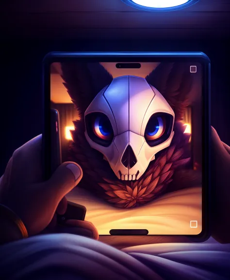 skull head, bedroom, night, in the bed, ((pov fromman recording cellphone)), (cellphone screen icons), (great lighting, great shading, great texture, 8k, best quality), (photonoko:1.1), (thousandfoldfeathers:1.05), (dimwitdog:0.95), (vader-san:0.95), (r-mk:0.6), (syuro:0.5)