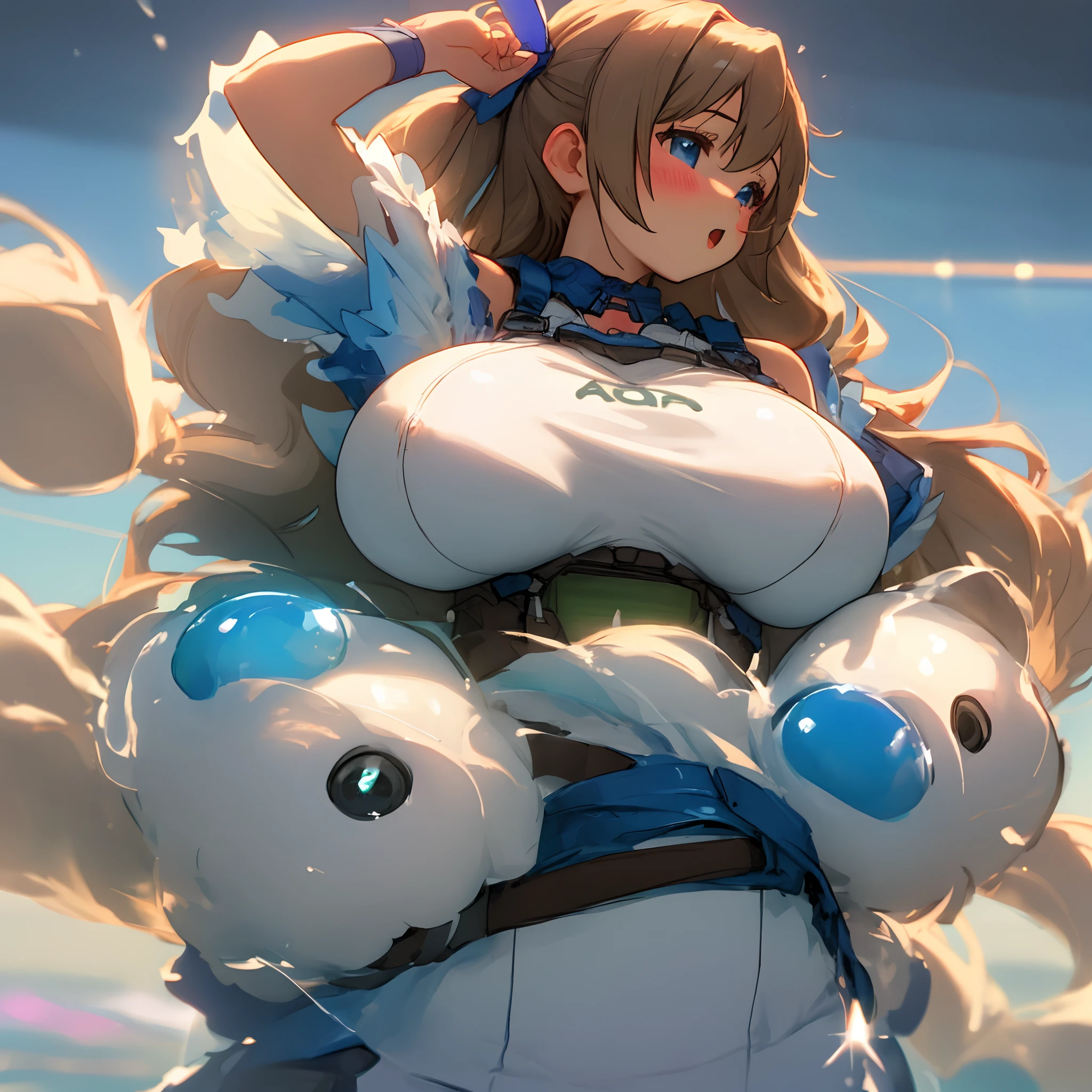 Anime girl with a big breast riding a giant stuffed animal - SeaArt AI