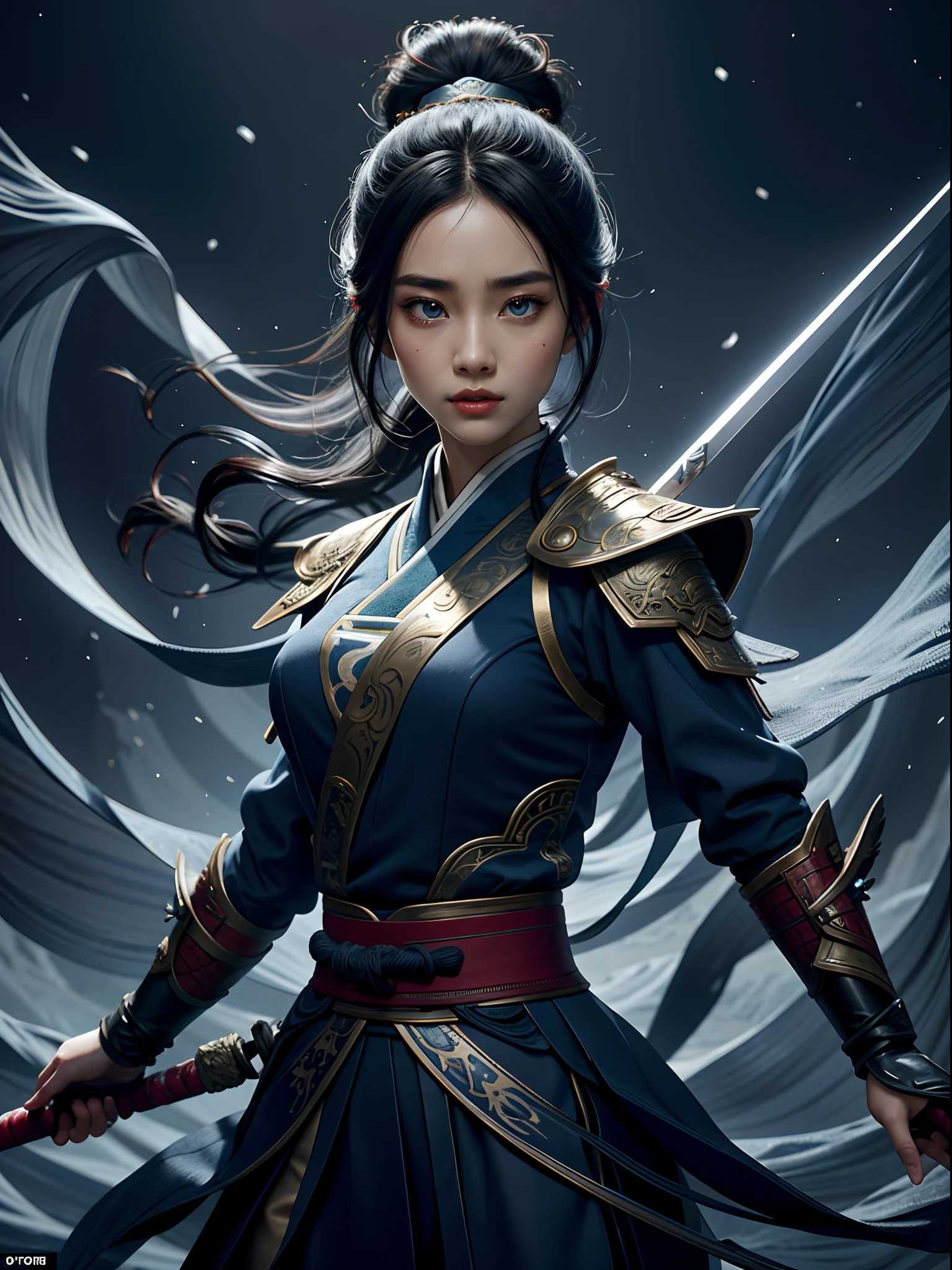 Glowing, two tone color hair, Glowing eyes, Mulan composed of red light, Mulan made up of black smoke, Black-haired Mulan，White-haired Mulan，Mulan with blue eyes glowing，Mulan，The eyes are green, Mulan in dark blue armor，Mulan in golden armor，a 3D render (Close-up of Mulan holding a sword), （A very long sword，Shining with cold light），（A sword with a dragon pattern），The surface of the sword is as smooth as a mirror，Cold light flashes，The hilt of the sword is inlaid with precious jade and wood，The upper body wears dark blue armor made of fish scales and iron， The armor was also inlaid with golden stars，floral embroidery，Cloak decorated in black and gold， Very long hair, Ebony hair, Big black eyes, Long eyelashes, Sexy red lips, Resolute expression, disney movie《Mulan》, Martial arts, Kungfu, Chinese exquisite clothing, ， 1 Mulan, Solo, Ancient wind，WABSTYLE STYLE, Background with: It was snowing heavily，It was snowing heavily，It was snowing heavily in the sky， Hurricane weather，vortex,,{{Masterpiece}}, {{{Best quality}}},{{Ultra-detailed}}, {{illustration}},{{Disheveled hair}},{{Masterpiece}},{{{Best quality}}},{{Ultra-detailed}}, {{{illustration}}},{{Disheveled hair}},Clear facial features,close up photograph,,Alphonse Mucha,Pixar style,Cartoon style,beatrix potter ,Refined atmosphere,Intense atmosphere, microscopic view,Close-up(CU),Extreme closeup,back Lighting,