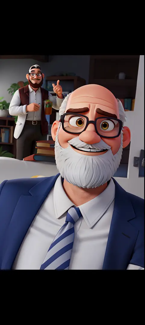 Homem sorridente de terno e gravata  , Bald and white-bearded glasses medium-sized Pixar style high quality best quality