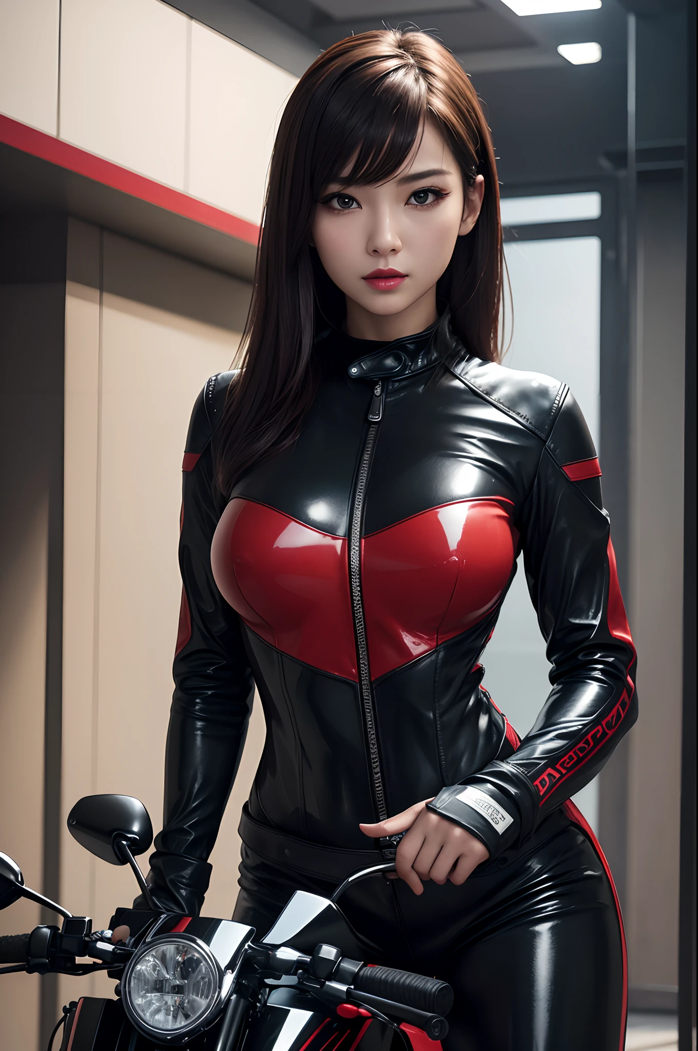 8k,超A high resolution,top-quality、​masterpiece、The ultra -The high-definition、(Realistic in photos:1.4)、(1girl in)、(riding on motorcycle)、long-sleeve、(Leather Black and Red Sexy Racing Suit)、(Mid Shorthair)、(wetting hair)、ultra detailed human face、ultradetailed teeth、red lipsticks、circuit、Race bikes、enticing,large full breasts,A seductive gaze,