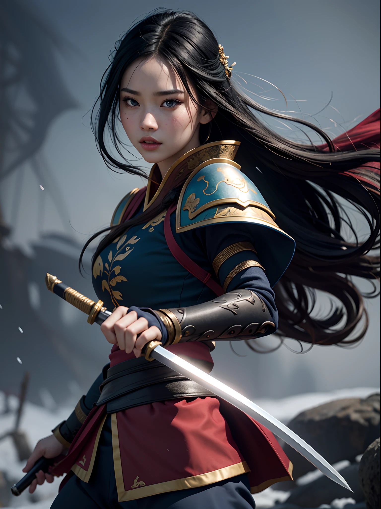 Glowing, two tone color hair, Glowing eyes, Mulan composed of red light, Mulan made up of black smoke, Black-haired Mulan，White-haired Mulan，Mulan with blue eyes glowing，Mulan，The eyes are green, Mulan in dark blue armor，Mulan in golden armor，a 3D render (Close-up of Mulan holding a sword), （A very long sword，Shining with cold light），（A sword with a dragon pattern），The surface of the sword is as smooth as a mirror，Cold light flashes，The hilt of the sword is inlaid with precious jade and wood，The upper body wears dark blue armor made of fish scales and iron， The armor was also inlaid with golden stars，floral embroidery，Cloak decorated in black and gold， Very long hair, Ebony hair, Big black eyes, Long eyelashes, Sexy red lips, Resolute expression, disney movie《Mulan》, Martial arts, Kungfu, Chinese exquisite clothing, ， 1 Mulan, Solo, Ancient wind，WABSTYLE STYLE, Background with: It was snowing heavily，It was snowing heavily，It was snowing heavily in the sky， Hurricane weather，vortex,,{{Masterpiece}}, {{{Best quality}}},{{Ultra-detailed}}, {{illustration}},{{Disheveled hair}},{{Masterpiece}},{{{Best quality}}},{{Ultra-detailed}}, {{{illustration}}},{{Disheveled hair}},Clear facial features,close up photograph,,Alphonse Mucha,Pixar style,Cartoon style,beatrix potter ,Refined atmosphere,Intense atmosphere, microscopic view,Close-up(CU),Extreme closeup,back Lighting,