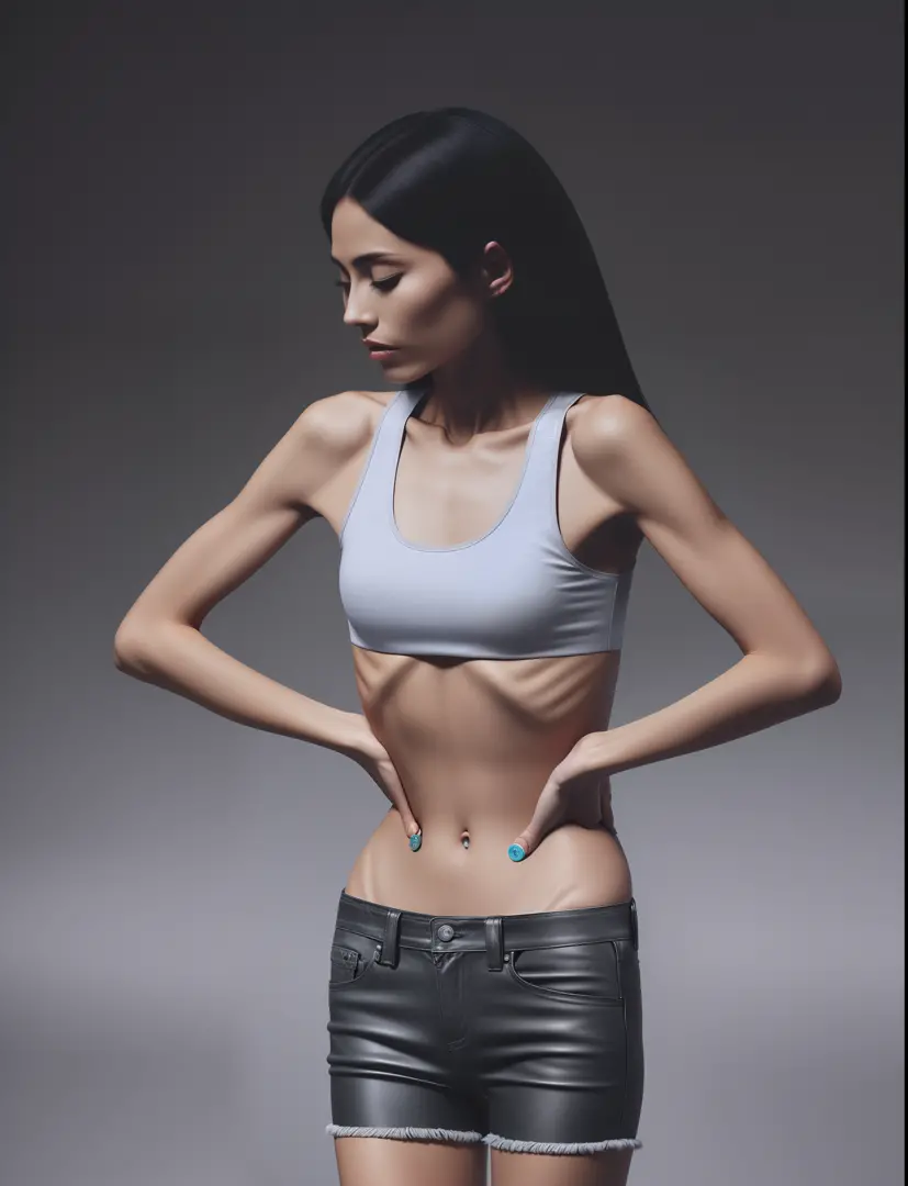 extremely thin woman, A thin body，Protruding sternum，The waist is very  thin，The ribs are noticeable，Protruding ribs，The pelvic protrusion is very  obvious，The pelvis is markedly elevated，Fair skin，thin shoulde，The waist is  very thin，extremely