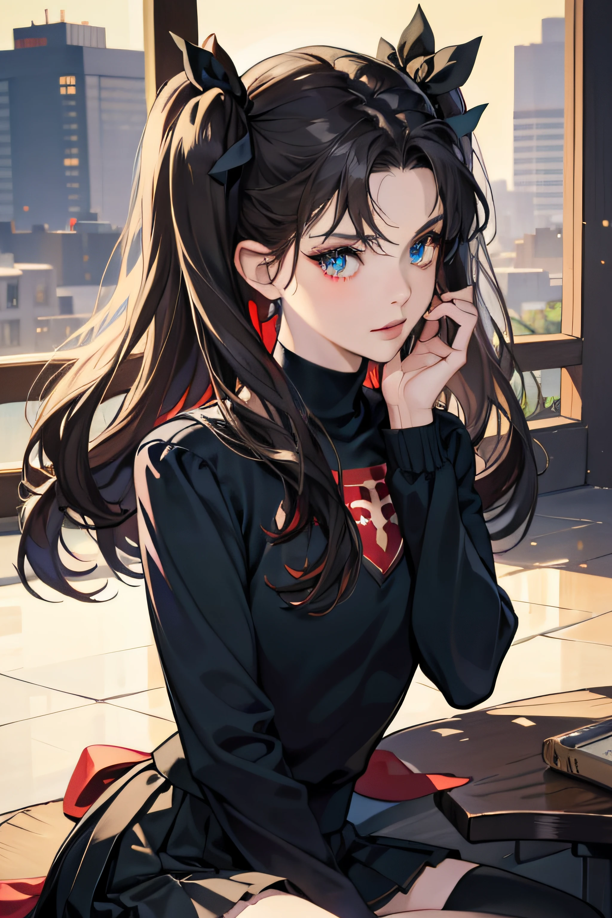 (chef-d&#39;œuvre), meilleure qualité, yeux expressifs, visage parfait, 1fille, seulement, Rintohsaka, Rin Tohsaka, yeux aqua, cheveux noirs, hair ruban, cheveux longs, ruban, serrures latérales, deux côtés vers le haut, black jupe, black hauts de cuisse, manches longues, minijupe, pleated jupe, ((red pull-over)), jupe, pull-over, hauts de cuisse, col roulé, Contexte de la ville, séance, Feuille de personnage, haut du corps, portrait, regarder le spectateur