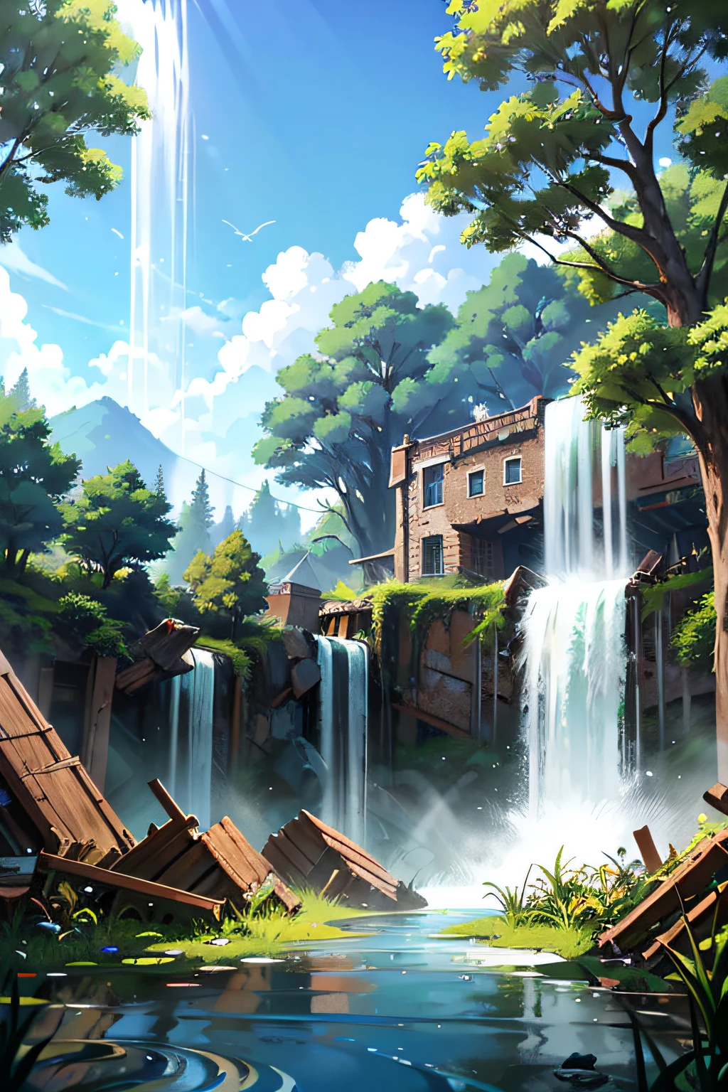 Cidade futurista, Taken over by trees with a destroyed building and a waterfall running through it, Just below a pond with a fox taking water, detalhista, HD