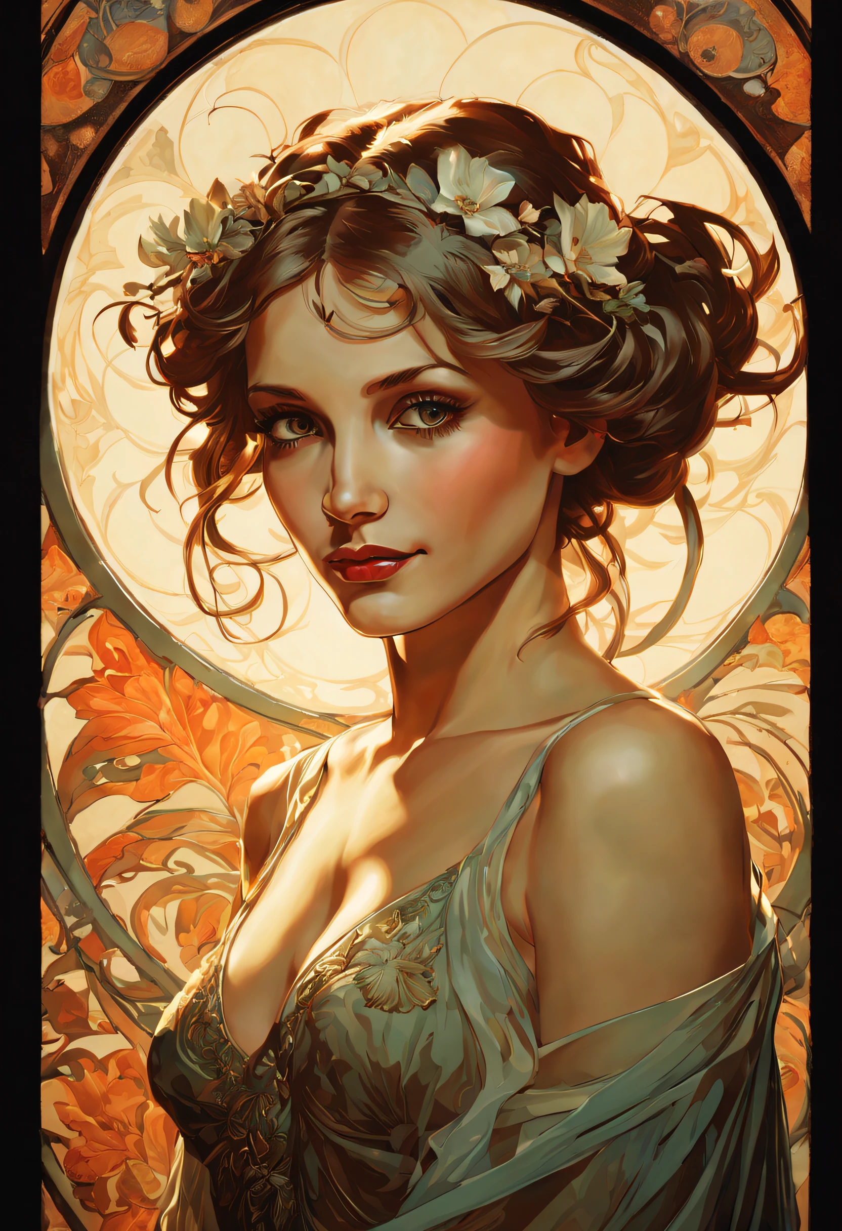 (evil smile:1.1,Contemporary art:1.1,by Alfons Mucha,backlighting:1.1,best quality,ultra-detailed,realistic)

A girl with an evil smile standing confidently in a dark room, illuminated by a soft backlight. Her smile is mischievous and captivating, with a hint of wickedness. The art style of the image is reminiscent of the works of Alfons Mucha, with intricate details and flowing lines. The girl's expression is the focal point, highlighting her mysterious and alluring nature. The use of backlighting creates a dramatic effect, casting long shadows and emphasizing the contours of her face. The image is of the highest quality, with ultra-detailed features and a photorealistic rendering. The colors used are vivid and rich, adding depth and intensity to the scene. The overall lighting is carefully designed, with a play of light and shadow that adds to the atmosphere of the image.