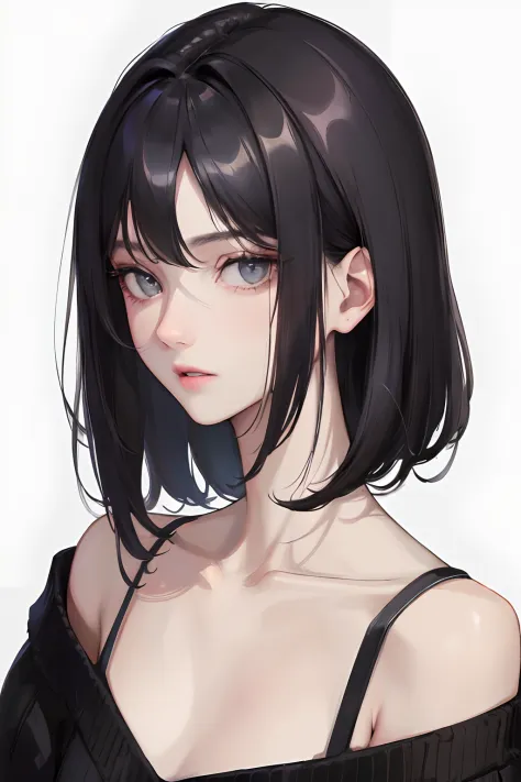 (Top resolution、Distinct_image)top-quality、femele、​masterpiece、ighly detailed、Semi-realistic、Black short hair、Dark hair、grey  eyes、bangss、21years old、shoulder-length hair、Mature、年轻、v-neck sweater、Exquisite facial features、Facial features