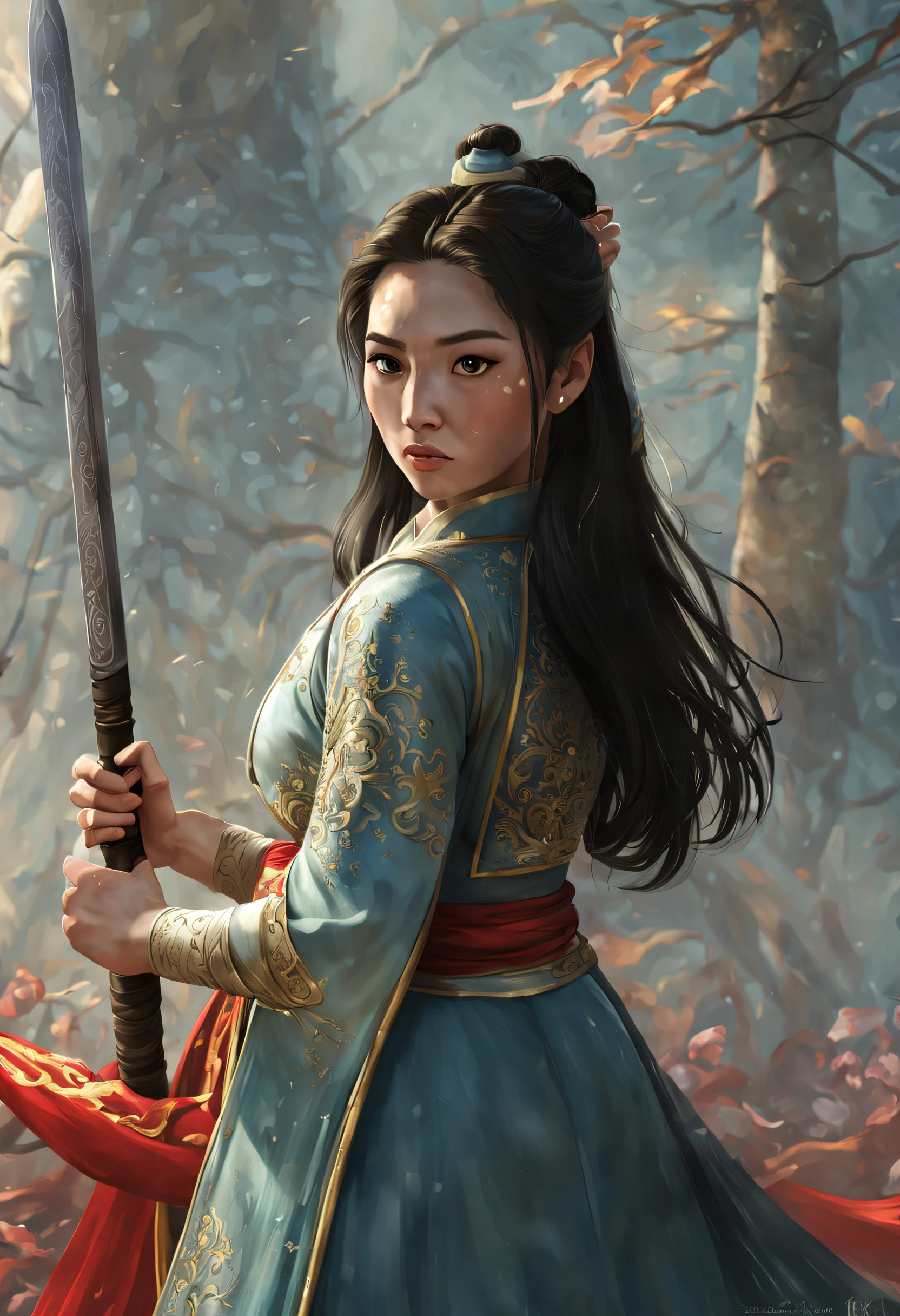 a 3D render (Close-up of Mulan holding a sword), （A very long sword，Shining with cold light），（A sword with a dragon pattern），The surface of the sword is as smooth as a mirror，Cold light flashes，The hilt of the sword is inlaid with precious jade and wood，The upper body wears dark blue armor made of fish scales and iron， The armor was also inlaid with golden stars，floral embroidery，Cloak decorated in black and gold， Very long hair, Ebony hair, Big black eyes, Long eyelashes, Sexy red lips, Resolute expression, disney movie《Mulan》, Martial arts, Kungfu, Chinese exquisite clothing, ， 1 Mulan, Solo, Ancient wind，WABSTYLE STYLE, Background with: It was snowing heavily，It was snowing heavily，It was snowing heavily in the sky， Hurricane weather，vortex,,{{Masterpiece}}, {{{Best quality}}},{{Ultra-detailed}}, {{illustration}},{{Disheveled hair}},{{Masterpiece}},{{{Best quality}}},{{Ultra-detailed}}, {{{illustration}}},{{Disheveled hair}},Clear facial features,close up photograph,,Alphonse Mucha,Pixar style,Cartoon style,beatrix potter ,Refined atmosphere,Intense atmosphere, microscopic view,Close-up(CU),Extreme closeup,back Lighting,