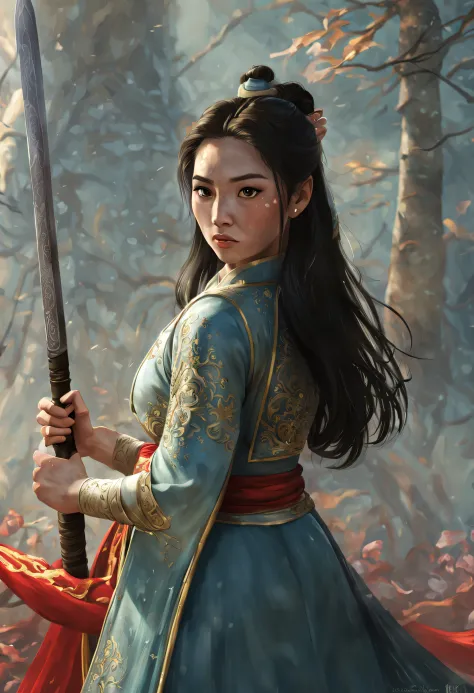 a 3D render (Close-up of Mulan holding a sword), （A very long sword，Shining with cold light），（A sword with a dragon pattern），The...