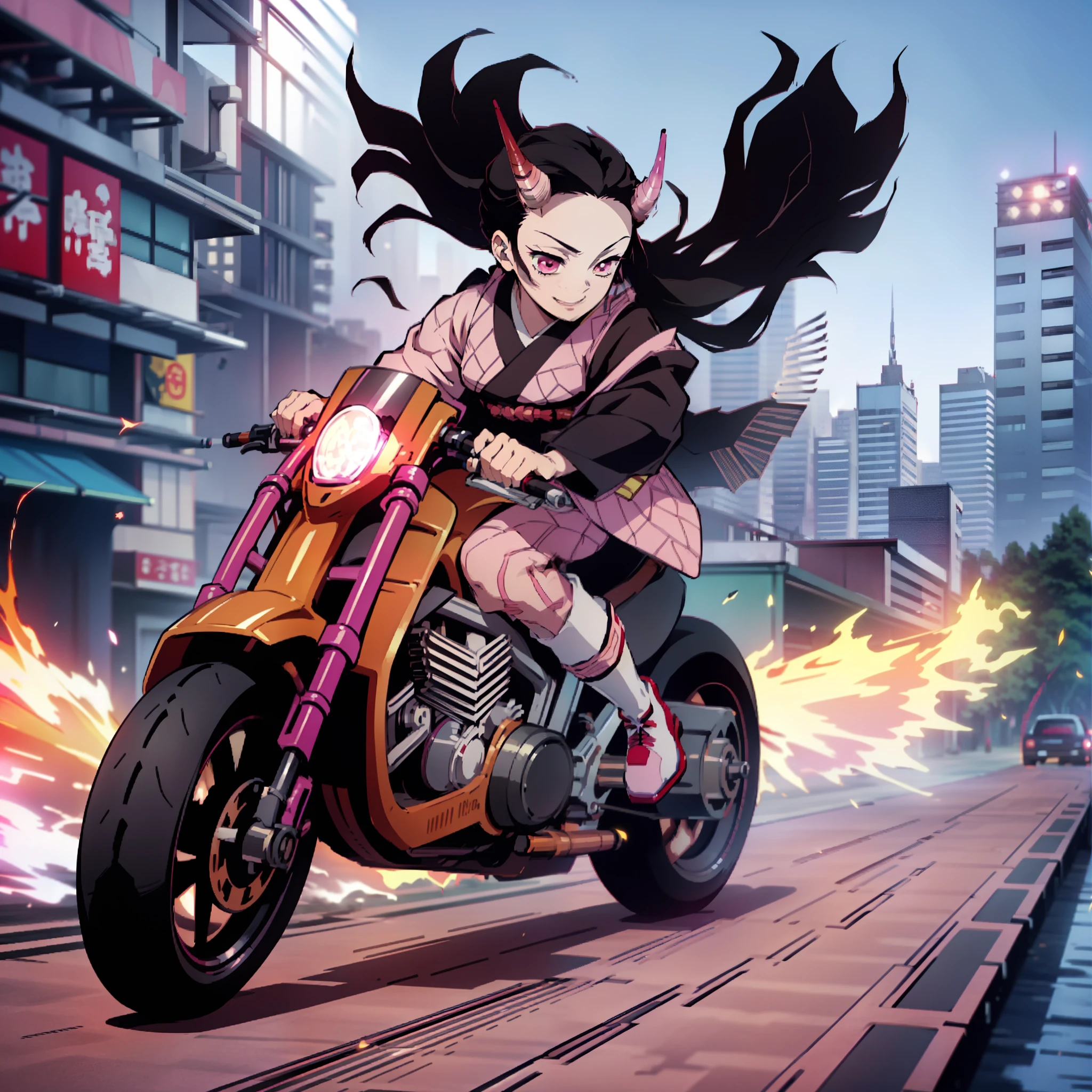 (Obra maestra, mejor calidad:1.2), estilo kimetsu no yaiba, kamado nezuko, (1 chica, solo), 20 años, cuerpo completo, (Quimono negro y rosa), botas de cuero negro, (cuernos de demonio rojo, ojos rojos), sonrisa maligna, BREAK (Conducir motocicleta en la ciudad a alta velocidad., mantener el caballito, yhmoto), (Camara lenta:1.3), (Desenfoque de movimiento:1.3), (líneas de velocidad:1.4), Sensación de velocidad, Chispas y humo saliendo de los neumáticos.