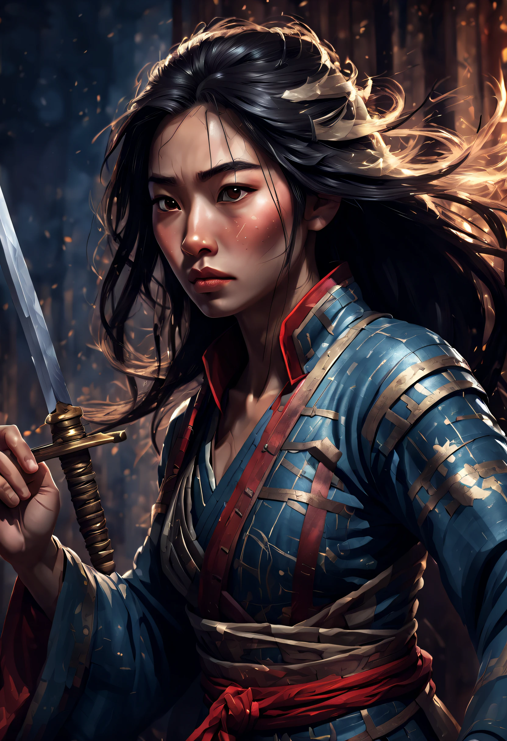 uma renderização 3D (fechar-se of mulan holding a sword), （Uma espada que brilha com luz fria：1.2），（Uma espada com um padrão de dragão），A superfície da espada é tão lisa quanto um espelho，Flashes de luz fria，O punho da espada é incrustado com jade precioso e madeira，A parte superior do corpo usa armadura azul escura feita de escamas de peixe e ferro， cabelo muito comprido, Cabelo de ébano, grandes olhos negros, cílios longos, lábios vermelhos sensuais, expressão resoluta, filme da disney《mulan》, Artes marciais, Kung fu, Roupas chinesas requintadas, ，
 Plano de fundo com: Estava nevando muito，Estava nevando muito，Estava nevando muito in the sky， Tempo em furacão，vórtice,,{{obra de arte}}, {{{melhor qualidade}}},{{Ultra-detalhado}}, {{ilustração}},{{Cabelo desgrenhado}},{{obra de arte}},{{{melhor qualidade}}},{{Ultra-detalhado}}, {{{ilustração}}},{{Cabelo desgrenhado}},características faciais claras,fotografia de perto,,Alphonse Mucha,estilo pixar,estilo de desenho animado,Beatriz Potter ,atmosfera refinada,Atmosfera intensa, visão microscópica,fechar-se(COM),close extremo,iluminação traseira,