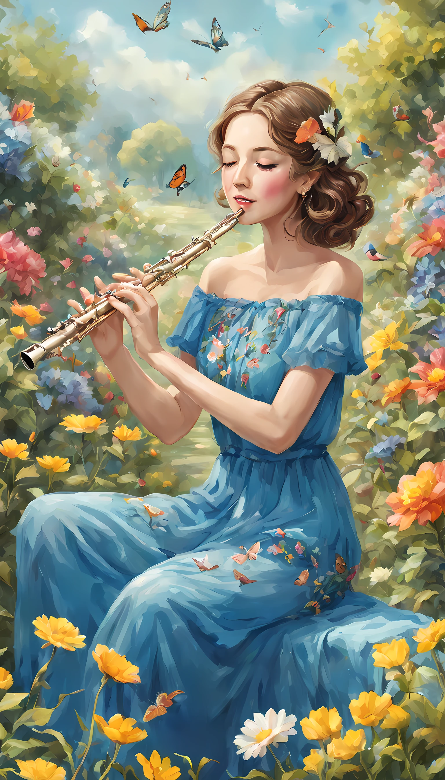 a magical visual masterpice about a Cute woman playing a flute on a garden, blue dress,colorful,elegant, butterflys, happynes,joy, wind,happy colors, hands on the flute,beret,perfect scenery, gorgeous,flowers, birds, perfect face,elegant,wind, intricate, (perfect face)