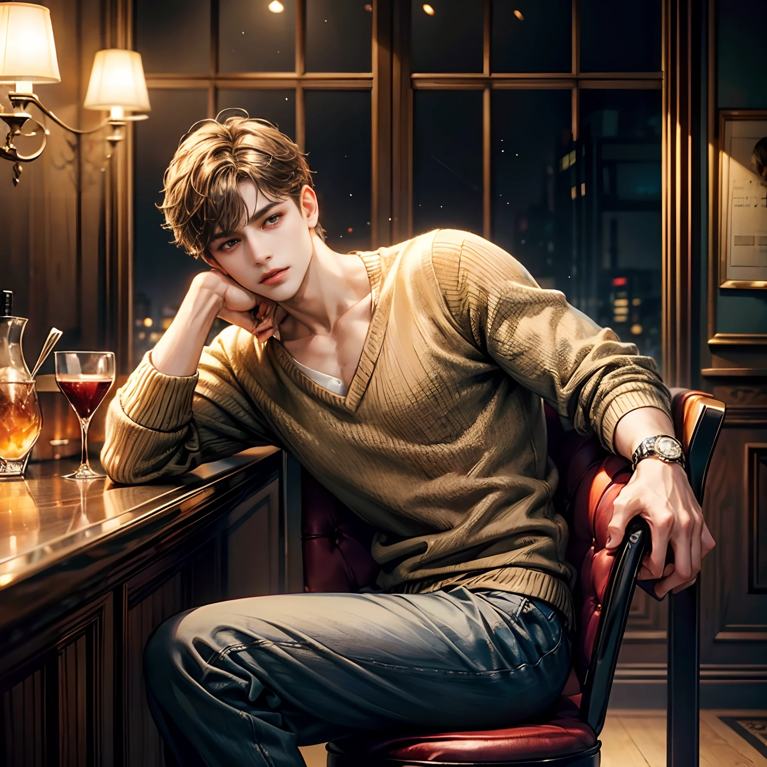 One Boy, Beautiful short brown hair, Sit on a chair in a cocktail bar:1.2、Realistic background、absurd details:1.8、masuter piece、hiquality、full body focus、Beautiful black eyes:1.8, An ultra-high picture quality, Wearing a Camel V-neck sweater:1.5