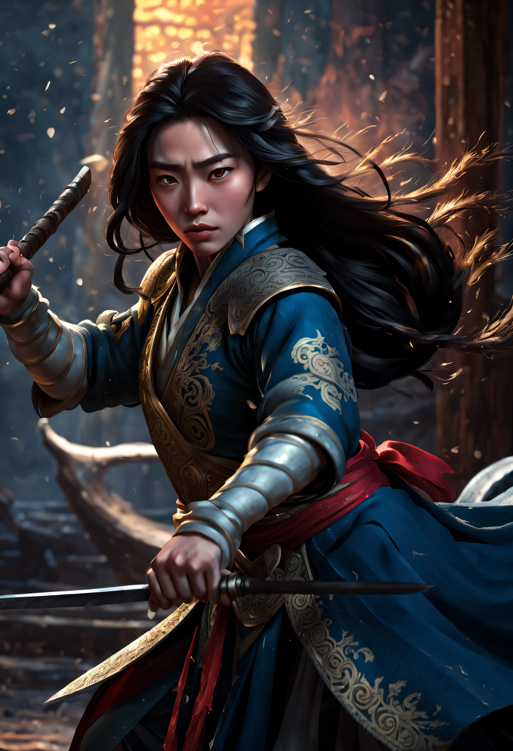 a 3D render (Close-up of Mulan holding a sword), （A sword that glows with cold light：1.2），（A sword with a dragon pattern），The surface of the sword is as smooth as a mirror，Cold light flashes，The hilt of the sword is inlaid with precious jade and wood，The upper body wears dark blue armor made of fish scales and iron， Very long hair, Ebony hair, Big black eyes,  Sexy red lips, Resolute expression, disney movie《Mulan》, Martial arts, Kungfu, Chinese exquisite clothing, ， Background with: It was snowing heavily，It was snowing heavily，It was snowing heavily in the sky， Hurricane weather，vortex,,{{Masterpiece}}, {{{Best quality}}},{{Ultra-detailed}}, {{illustration}},{{Disheveled hair}},{{Masterpiece}},{{{Best quality}}},{{Ultra-detailed}}, {{{illustration}}},{{Disheveled hair}},Clear facial features,close up photograph,,Alphonse Mucha,Pixar style,Cartoon style,beatrix potter ,Refined atmosphere,Intense atmosphere, microscopic view,Close-up(CU),Extreme closeup,back Lighting,