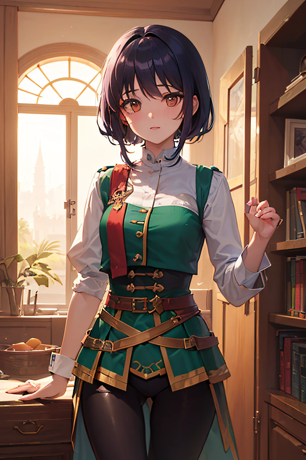 Anime girl in a green and red outfit standing in a library - SeaArt AI