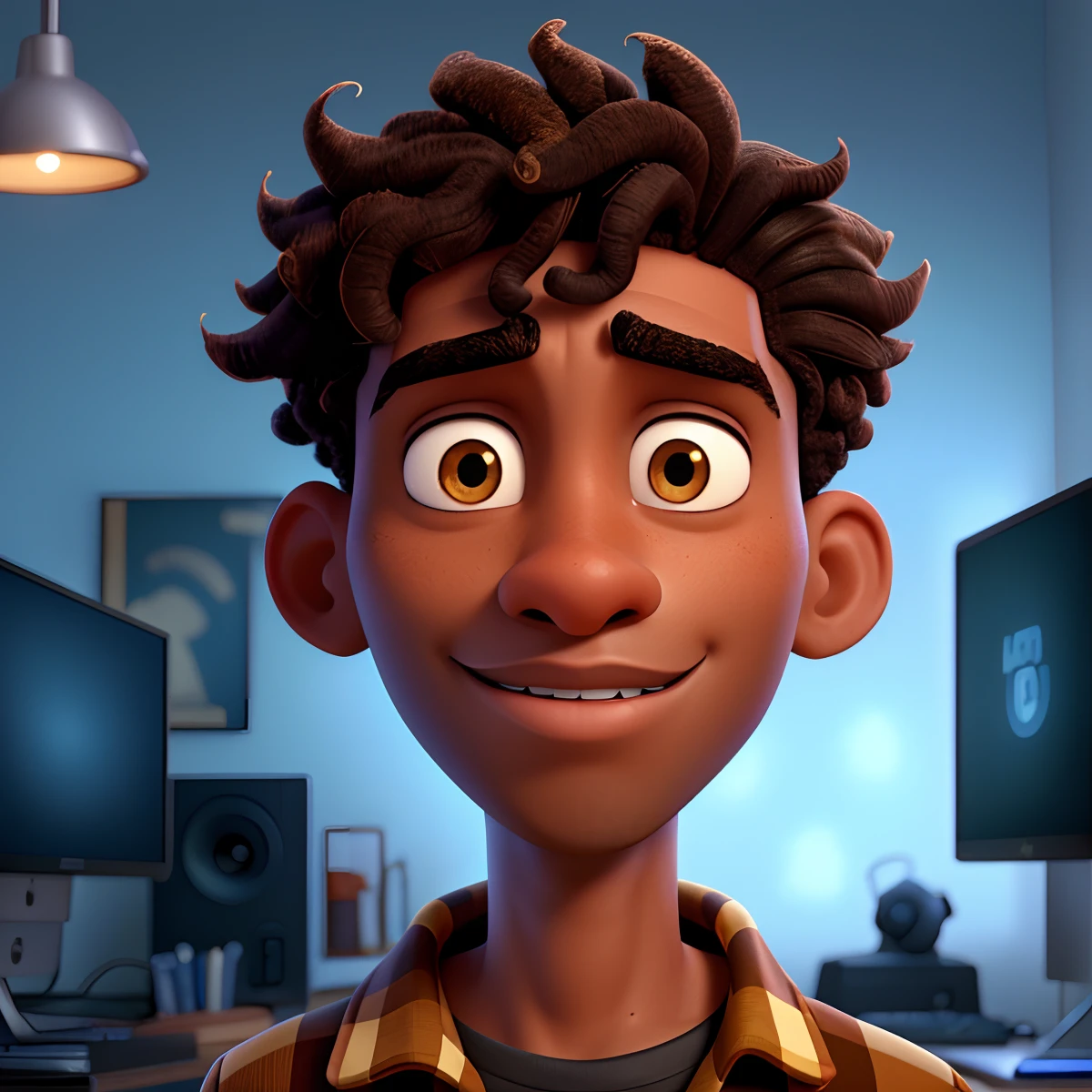 Close-up image of the face of a young man inspired by the Pixar animation, with dark brown skin color, with African facial features, dark eyes, curly black hair, with a military haircut, short haircut, perfect rectangular face, the character stands out with captivating facial expressions, in a dark room, with blue lights, in the background a Gamer PC, and photography equipment, offering a touch of unreality