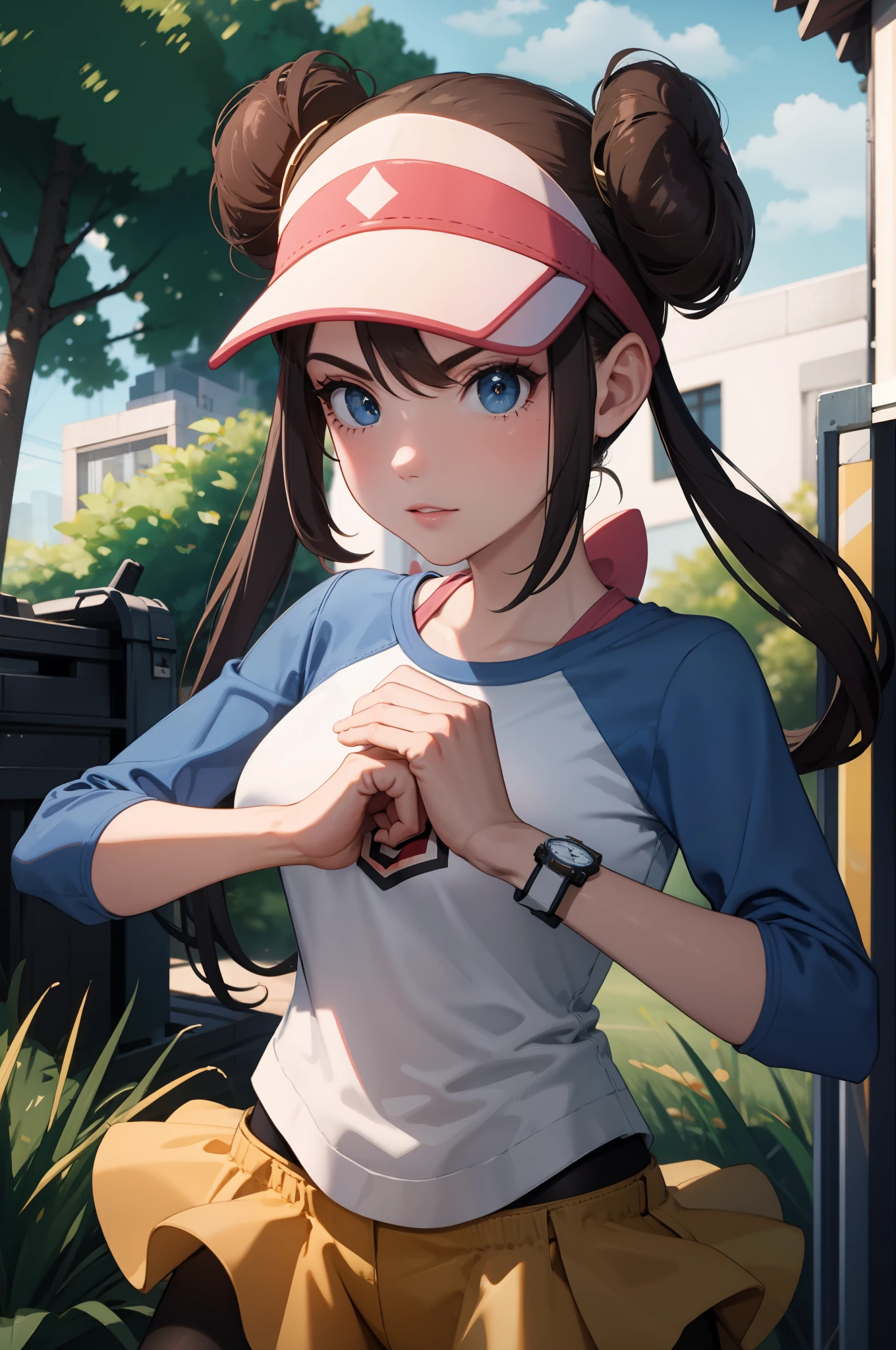 perfect eyes:1.2, detailed eyes:1.4, ro1, hair bun, fist in hand, serious, blue eyes, twintails, long hair, visor cap, pantyhose, raglan sleeves, yellow shorts, shirt, pink bow, wristwatch, blue eyes, visor cap, twintails, nice hands, nature, 1girl, solo, (masterpiece:1.6, best quality), 8k, insane details, intricate details, hyperdetailed, hyper quality, high detail, ultra detailed, professional, HDR, ray tracing reflection, cinematic lighting,