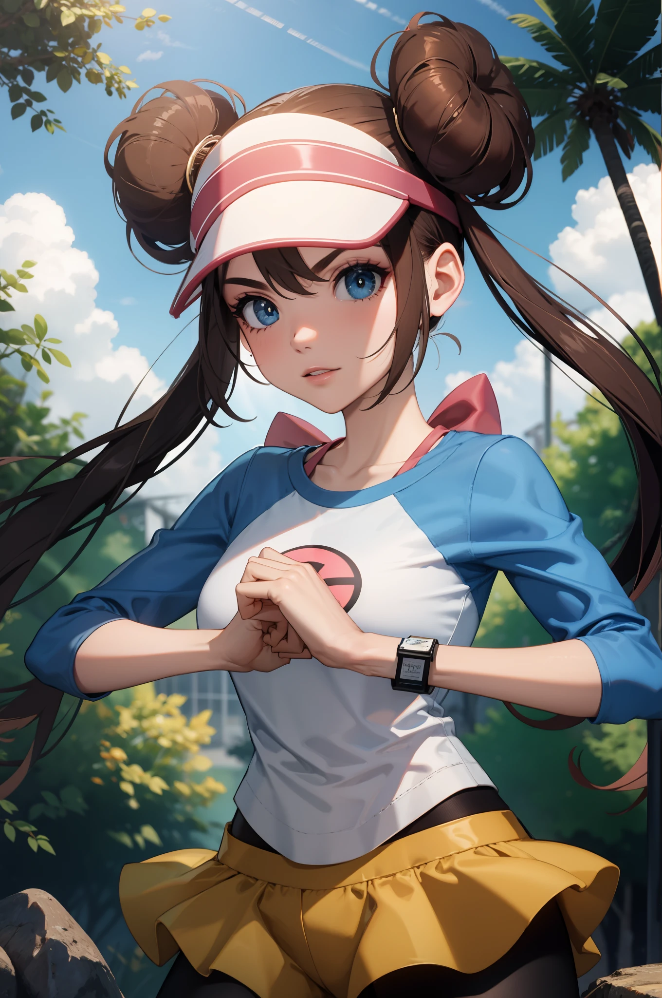 perfect eyes:1.2, detailed eyes:1.4, ro1, hair bun, fist in hand, serious, blue eyes, twintails, long hair, visor cap, pantyhose, raglan sleeves, yellow shorts, shirt, pink bow, wristwatch, blue eyes, visor cap, twintails, nice hands, nature, 1girl, solo, (masterpiece:1.6, best quality), 8k, insane details, intricate details, hyperdetailed, hyper quality, high detail, ultra detailed, professional, HDR, ray tracing reflection, cinematic lighting,