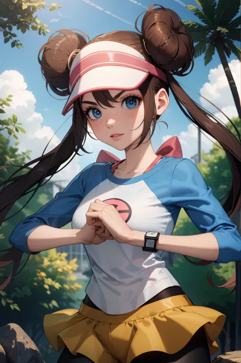 perfect eyes:1.2, detailed eyes:1.4, ro1, hair bun, fist in hand, serious, blue eyes, twintails, long hair, visor cap, pantyhose...