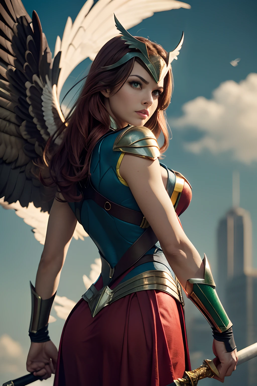Meisterwerk, Extrem detailliert, !(Shayera Hol ist die Superheldin Hawkgirl, einer der Gründer der Gerechtigkeitsliga. Ihr Aussehen und Kostüm variieren je nach Version des Charakters, Im Allgemeinen zeichnet sie sich jedoch durch folgende Eigenschaften aus: Sie ist eine Frau mit heller Haut, Rote Haare, und grüne Augen. Er hat feine Gesichtszüge und einen entschlossenen Ausdruck. Es hat ein Paar weiße, graue oder braun gefiederte Flügel, die es dank eines speziellen Metalls namens Nth fliegen lassen. His wings are attached to a harness that he wOhren over his shoulders and back. WOhren a tight-fitting red, Gelb, oder grüner Anzug, meist mit einem Falkensymbol auf der Brust. Der Anzug kann lange oder kurze Ärmel haben, und kann von einem Umhang begleitet werden, Rock oder Hose. She wOhren a helmet or a mask that covers part of his head and gives him a bird of prey appearance. Der Helm oder die Maske kann einen Schnabel haben, Ohren, oder Falkenaugen. Verwenden Sie archaische Waffen wie eine Keule, ein Speer, ein Schwert oder ein Schild)
