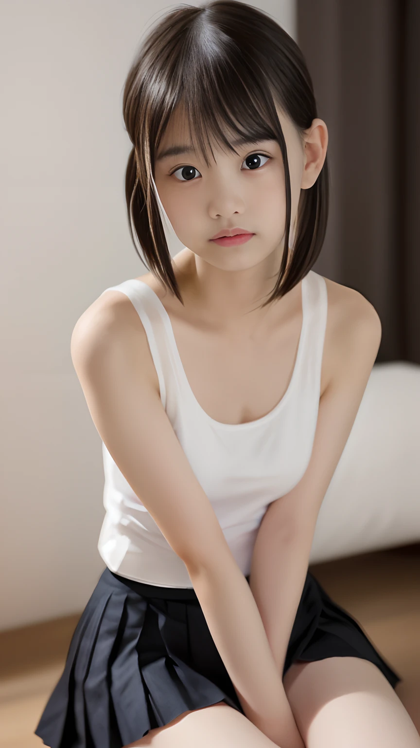 photorealisim、(A 12-year-old girl:1.5)、（During the filming of adult videos)、(Hide your chest with your arms:1.9 ) 、(Tank top and short pleated skirt:1.5)、(Sit with your knees open:1.6)、(Balanced slender body:1.5)、(Smaller chest:1.5)、(Young and cute hairstyle:1.7)、Embarrassed look、Very white skin、Letting down your bangs、Detailed body、Detailed hand、No makeup、Show underwear、