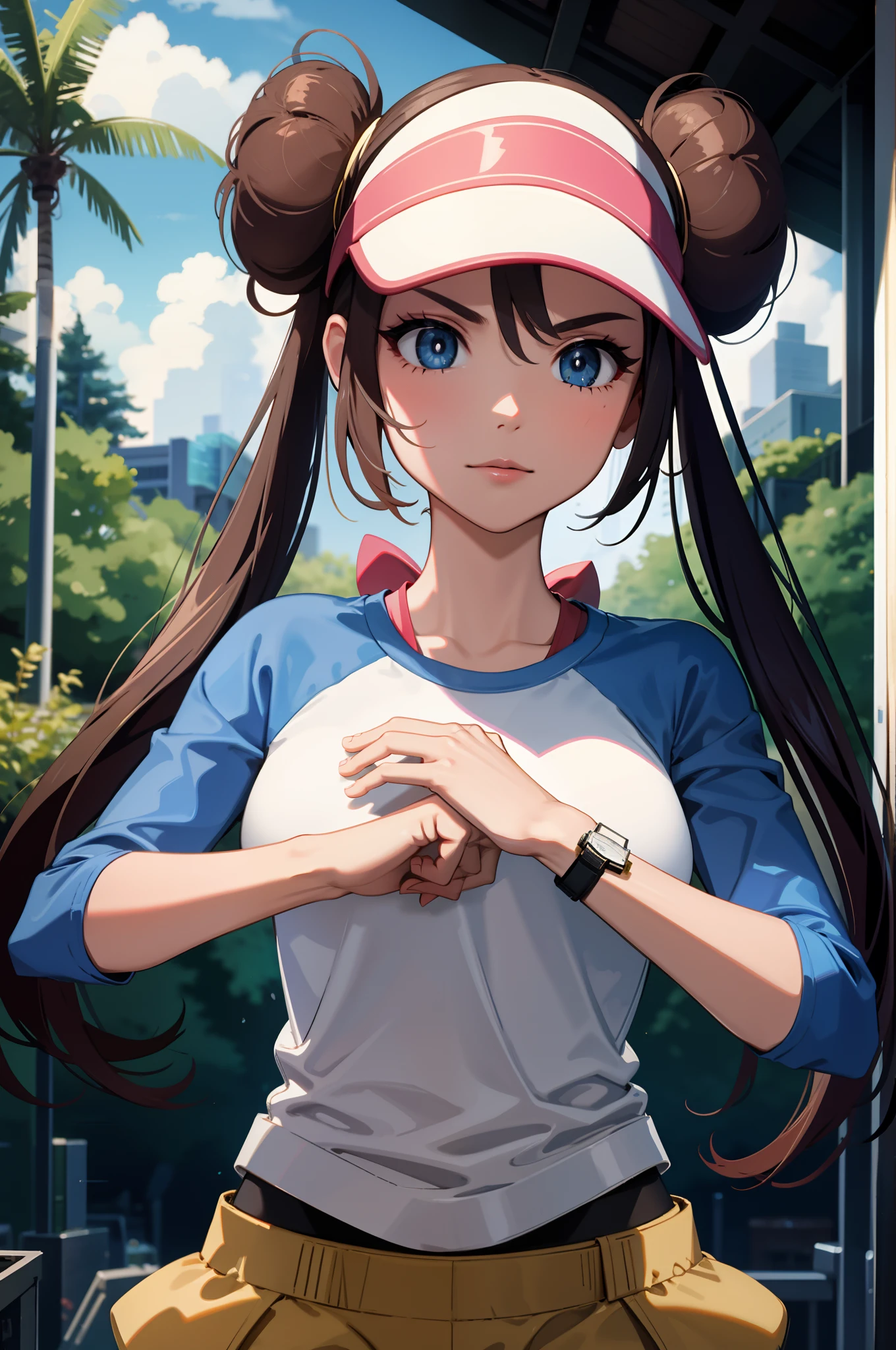 perfect eyes:1.2, detailed eyes:1.4, ro1, hair bun, fist in hand, serious, blue eyes, twintails, long hair, visor cap, pantyhose, raglan sleeves, yellow shorts, shirt, pink bow, wristwatch, blue eyes, visor cap, twintails, nice hands, nature, 1girl, solo, (masterpiece:1.6, best quality), 8k, insane details, intricate details, hyperdetailed, hyper quality, high detail, ultra detailed, professional, HDR, ray tracing reflection, cinematic lighting,