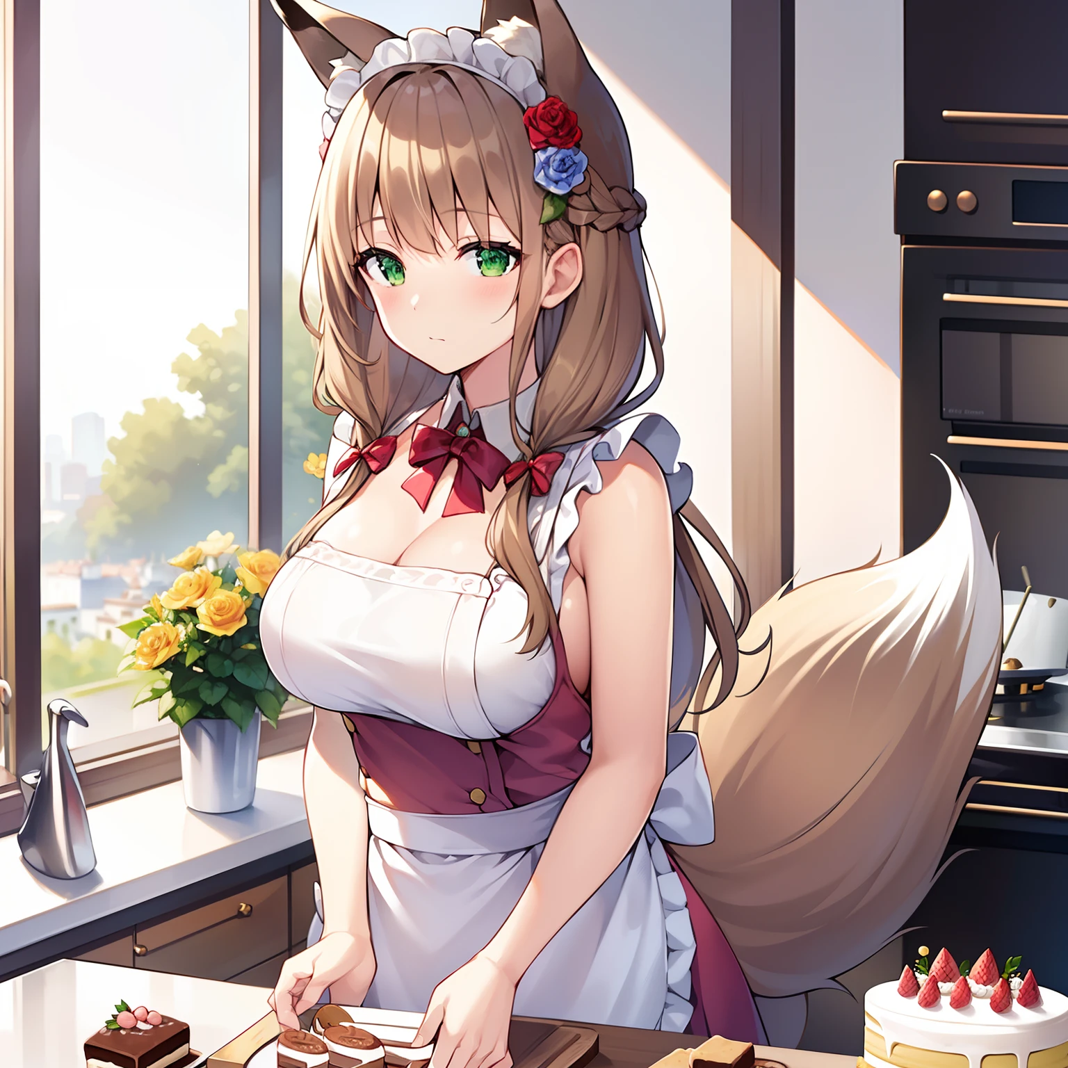 Masterpiece, Best quality, high resolution, 1girll, Solo, Oversized fox tail，Green eyes，(Long brown hair_Sideways French braided hair)，Small flower headdress, (27years old，Big breasts wife)_Mature female figure_F Cup，Modern architecture, A MILF, In the kitchen_Make cakes，aprons，