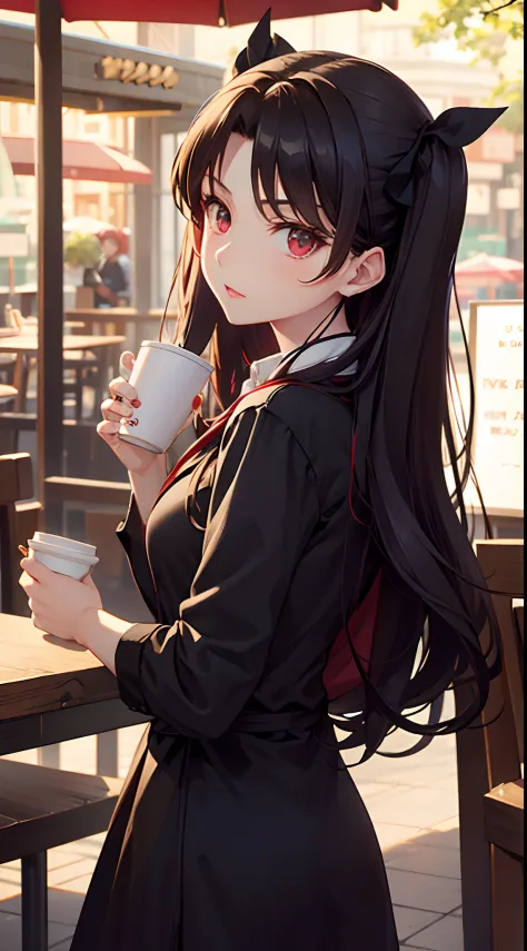 Rin tohsaka, holding a coffee cup, starbuck background, cafe, close up, potrait, detailed face, pov