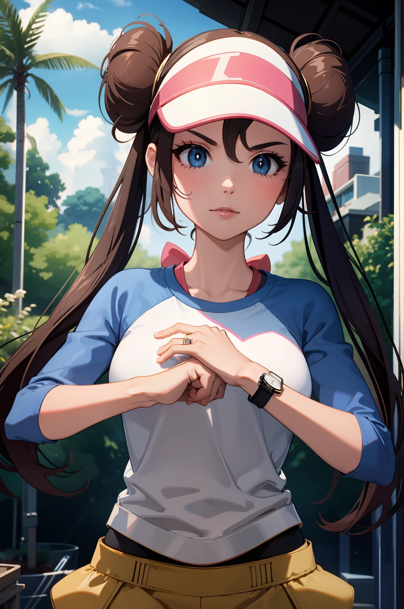 perfect eyes:1.2, detailed eyes:1.4, ro1, hair bun, fist in hand, serious, blue eyes, twintails, long hair, visor cap, pantyhose, raglan sleeves, yellow shorts, shirt, pink bow, wristwatch, blue eyes, visor cap, twintails, nice hands, nature, 1girl, solo, (masterpiece:1.6, best quality), 8k, insane details, intricate details, hyperdetailed, hyper quality, high detail, ultra detailed, professional, HDR, ray tracing reflection, cinematic lighting,