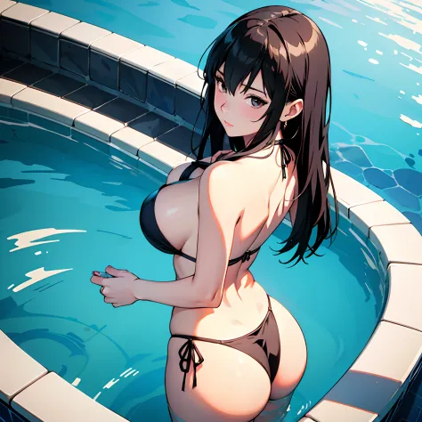 Anime art style, a close-up view from above of a busty Yor Forger in a bikini, brilliant background, skimpy bikini, HH-size breasts, big butt, dark hair, lovestruck, beside the pool, shy pose, elegant face, (best quality: 1.5), dynamic pose, digital illust...