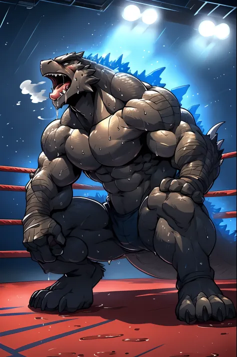 ((solo) full height):1, godzilla, lora, adult, mature, masculine, slim:1.2, skinny:1.2, tall:1, (correct anatomy:1.2), vascular veins, dragon tail, topless, (shirtless, bare paws, boxing gloves), ultradetailed, (by wfa:1.2), (by takemoto_arashi, by vorusua...