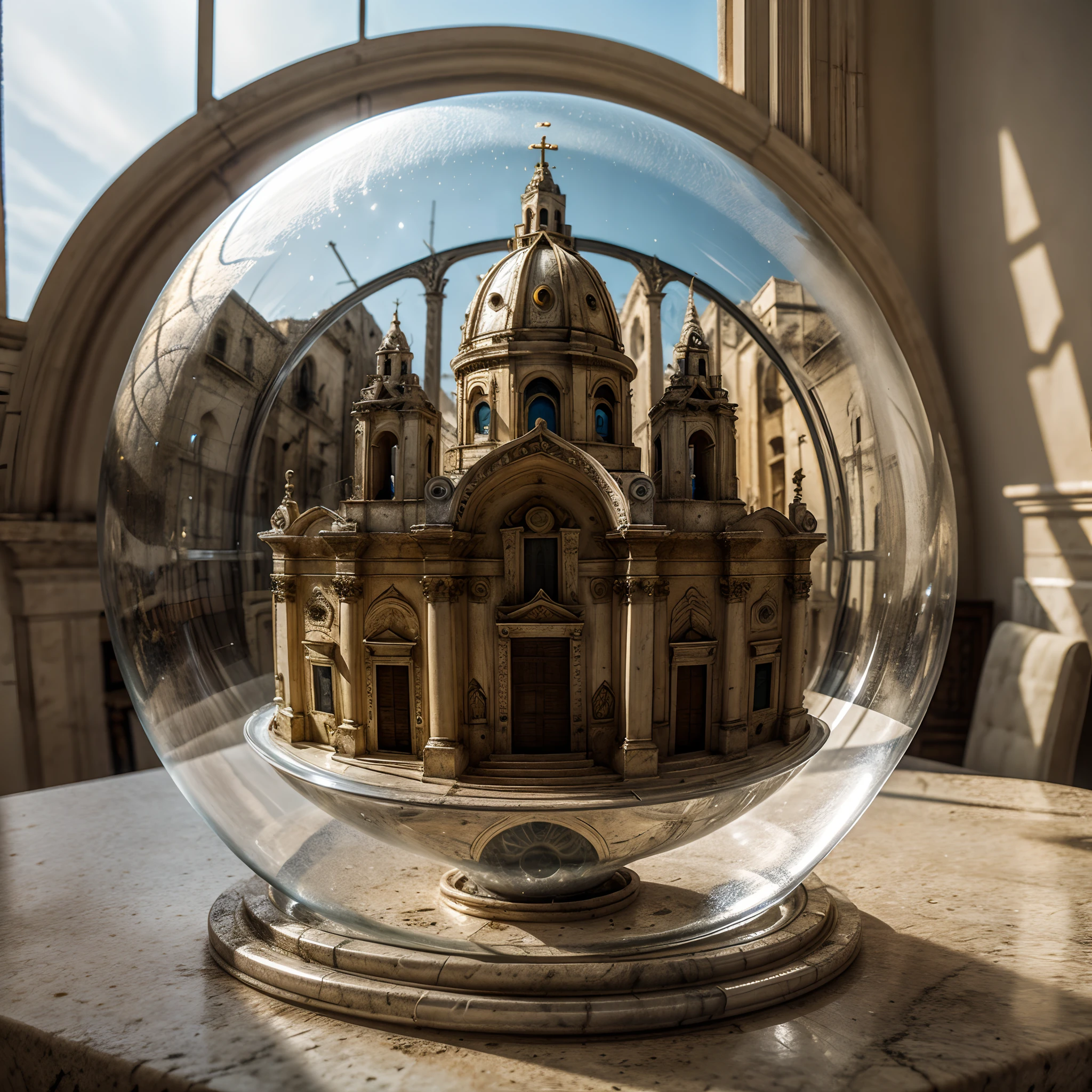 Kathedrale von Matera in einer Glasblase. Die Blase wird auf einer Marmorfensterbank platziert. Extrem detailliert, 8K, apokalyptischer Punk-Stil, Miniaturen, Makrofotografie in Nahaufnahme.