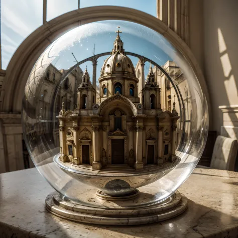 Cathedral of Matera inside a glass bubble. Bubble is placed on marble windowsill. Extremely detailed, 8K, apocalyptic punk style...