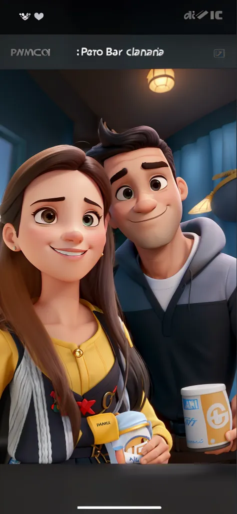 Casal (homem branco cabelo preto e mulher branca cabelo castanho claro loiro) no estilo Disney Pixar, alta qualidade, melhor qualidade.