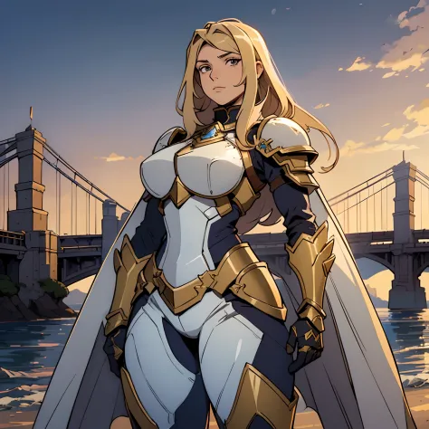 image of a woman knight in armor standing in front of a bridge, gorgeous female paladin, de uma bela cavaleiro feminina, cavalei...