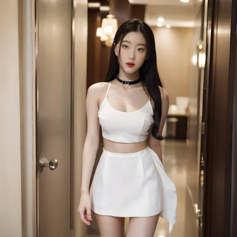 Short white dress, Short series, VCEP collar, On the legs and hips,long-haired,Fine clothing,viewer look.,hotel,1 girl,sexy mannequins
