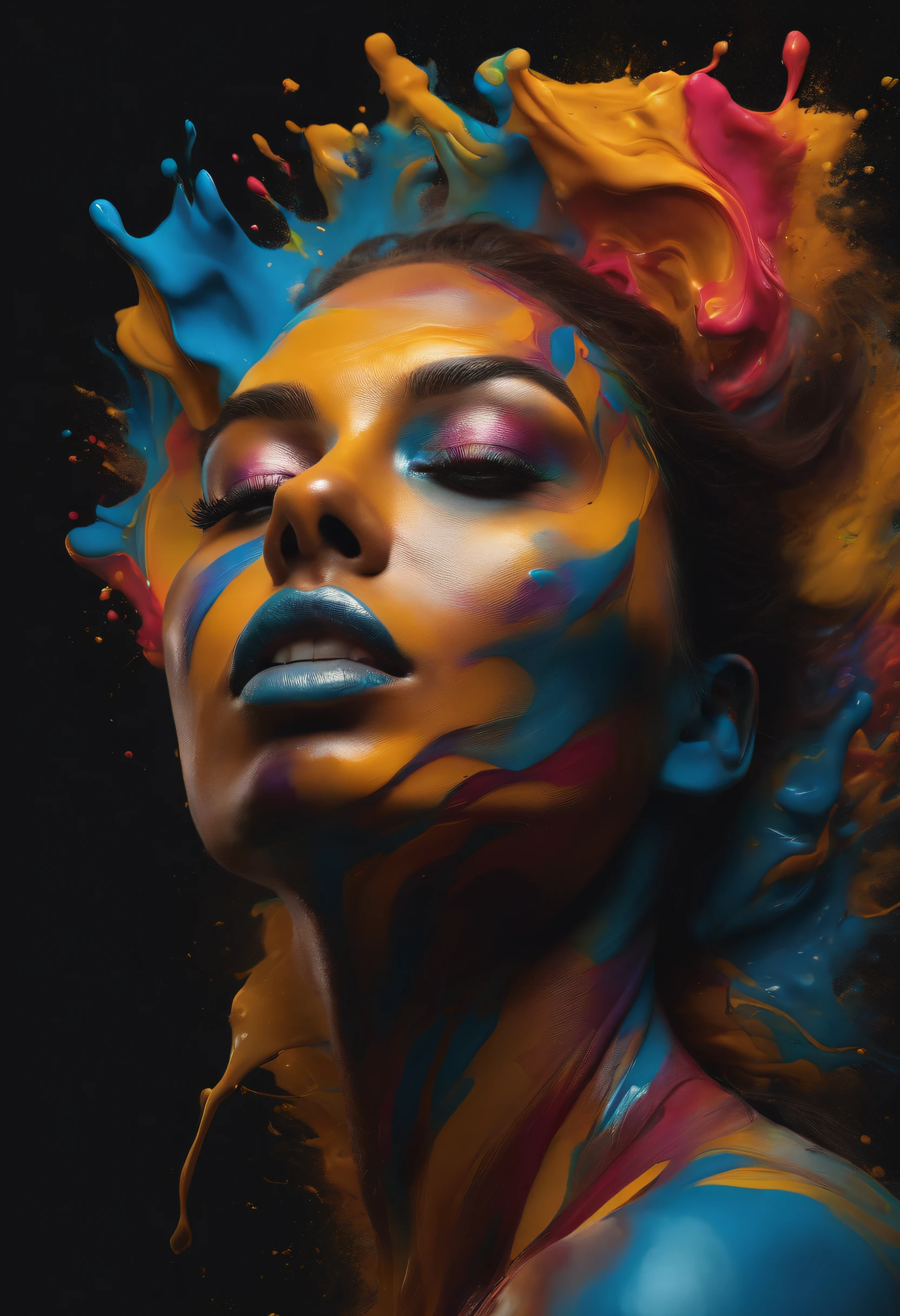 there is a half-man and half-woman with a colorful face and a lot of colorful paint, portrait made out of paint, face submerged in colorful oils, portrait made of paint, colorful melting human head, beautiful acrylic fluid portrait, gorgeous digital art, beautiful digital artwork, trending artistic art, stunning digital art, abstract face, stunning artwork, inspired by Alberto Seveso, abstract 3 d artwork