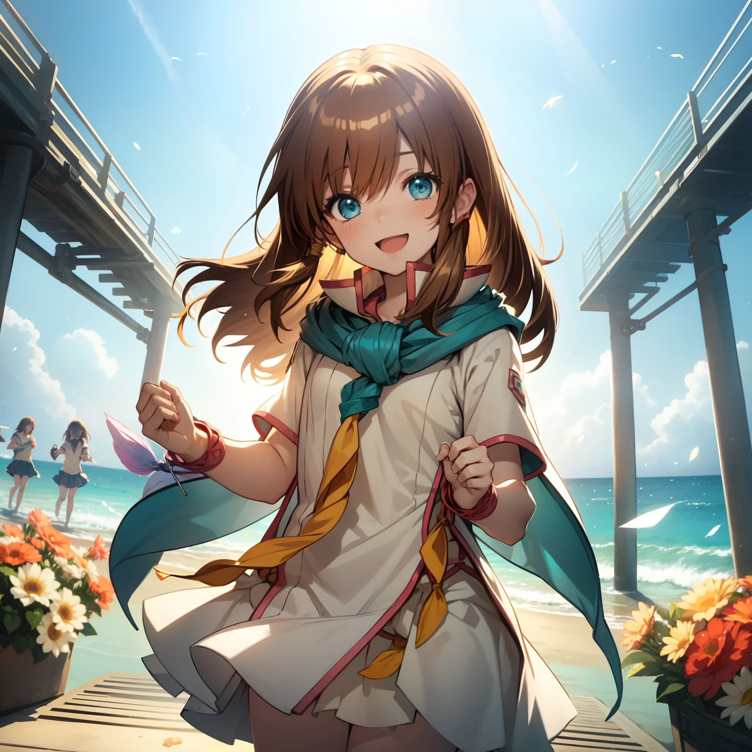 solo, happiness, dynamic lighting, masterpiece, cute lonesome flower girl at the beach, holding flowers, dancing, laughing, XD, skinny, thin, young, school outfit, short skirt, blue scarf, brown hair, glowing shiny magical blue eyes, looking down at viewer, from below,