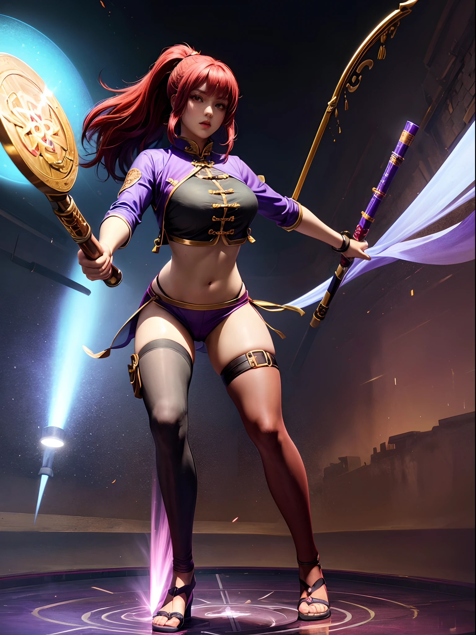 Kim Wu, 1girl, solo, red hair, orange eyes, midriff, thighhighs, long hair, violet_outfit, violet chinese clothes, ponytail, thigh strap, huge boobs, sandals, weapon, Nunchaku, arena, dynamic Pose,, ((masterpiece)), ((Best Quality)), ((Extremely Detailed)), ((Ultra Quality)), ((4k))