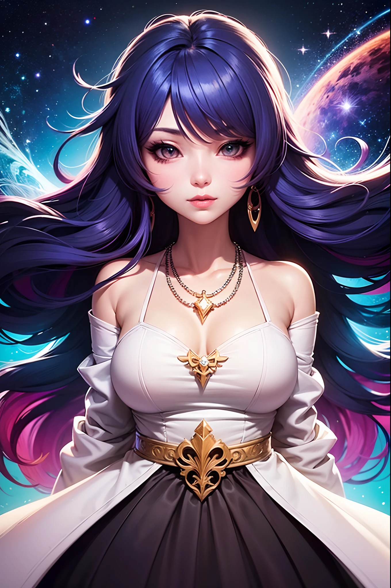 Close-up of a woman with Vistoso hair and necklace, chica anime con cabello cósmico, La suave vitalidad de Rossdraws, Obra de arte de estilo Gouviz, estilo de arte de fantasía, Vistoso], estilo de fantasía vibrante, La caricatura de Ross dibuja llena de energía., cosmic and Vistoso, guweiz, Vistoso digital fantasy art, Impresionante estilo artístico, hermoso estilo anime, piel blanca, abrigo de noche,