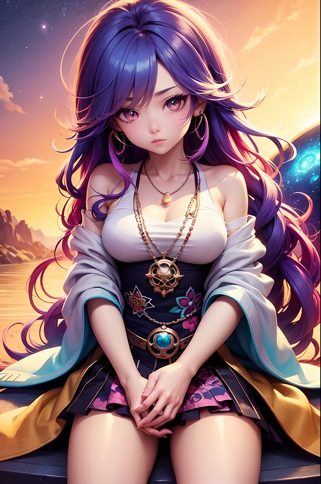 Close-up of a woman with colorful hair and necklace, anime girl with cosmic hair, Rossdraws' soft vibrancy, Gouviz-style artwork, fantasy art style, colorful], vibrant fantasy style, Rossdraws cartoon full of energy, cosmic and colorful, Guweiz, colorful digital fantasy art, stunning art style, beautiful anime style, white skin, night coat, sitting in chair