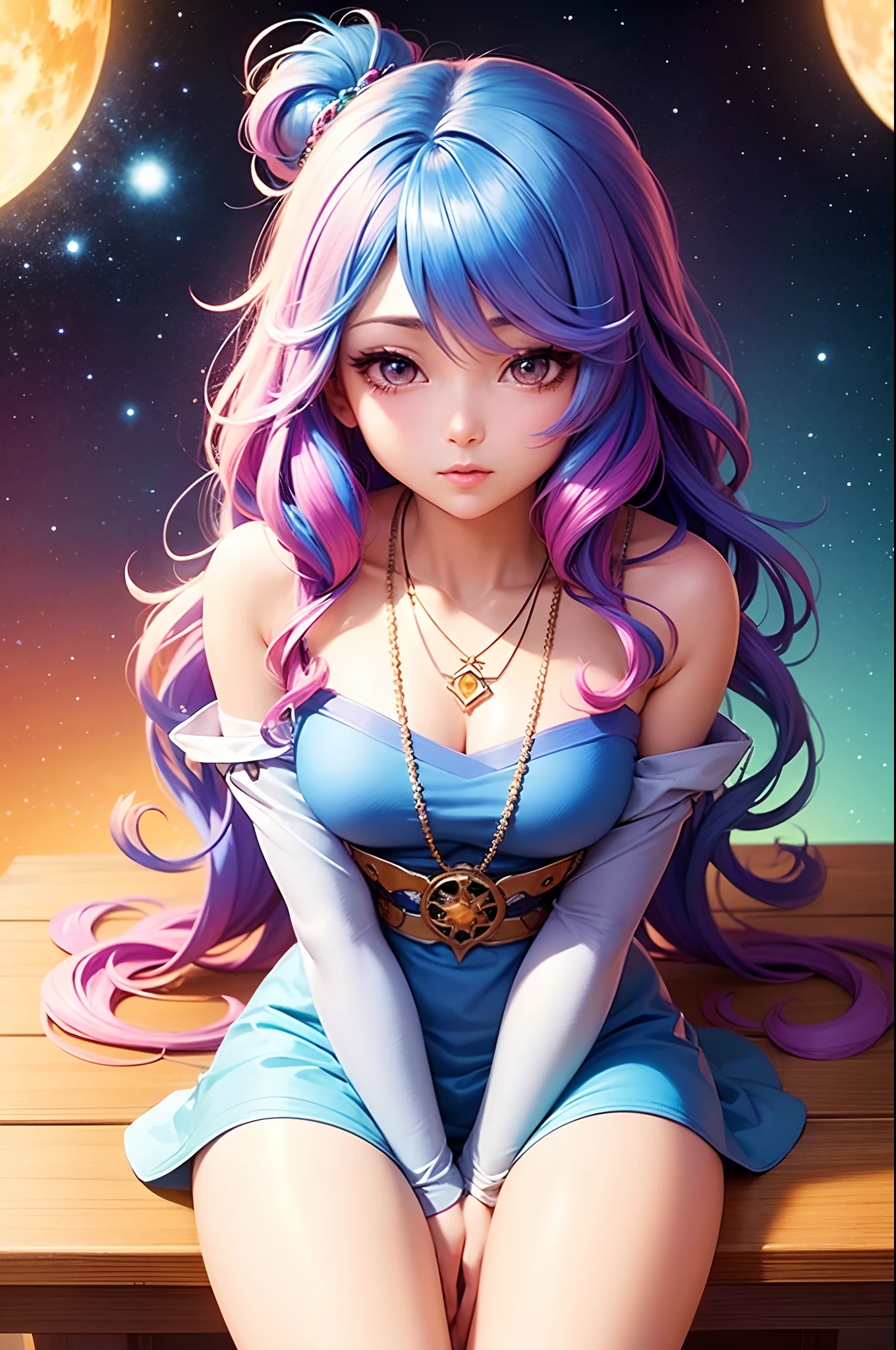 Close-up of a woman with colorful hair and necklace, anime girl with cosmic hair, Rossdraws' soft vibrancy, Gouviz-style artwork, fantasy art style, colorful], vibrant fantasy style, Rossdraws cartoon full of energy, cosmic and colorful, Guweiz, colorful digital fantasy art, stunning art style, beautiful anime style, white skin, night coat, sitting in chair