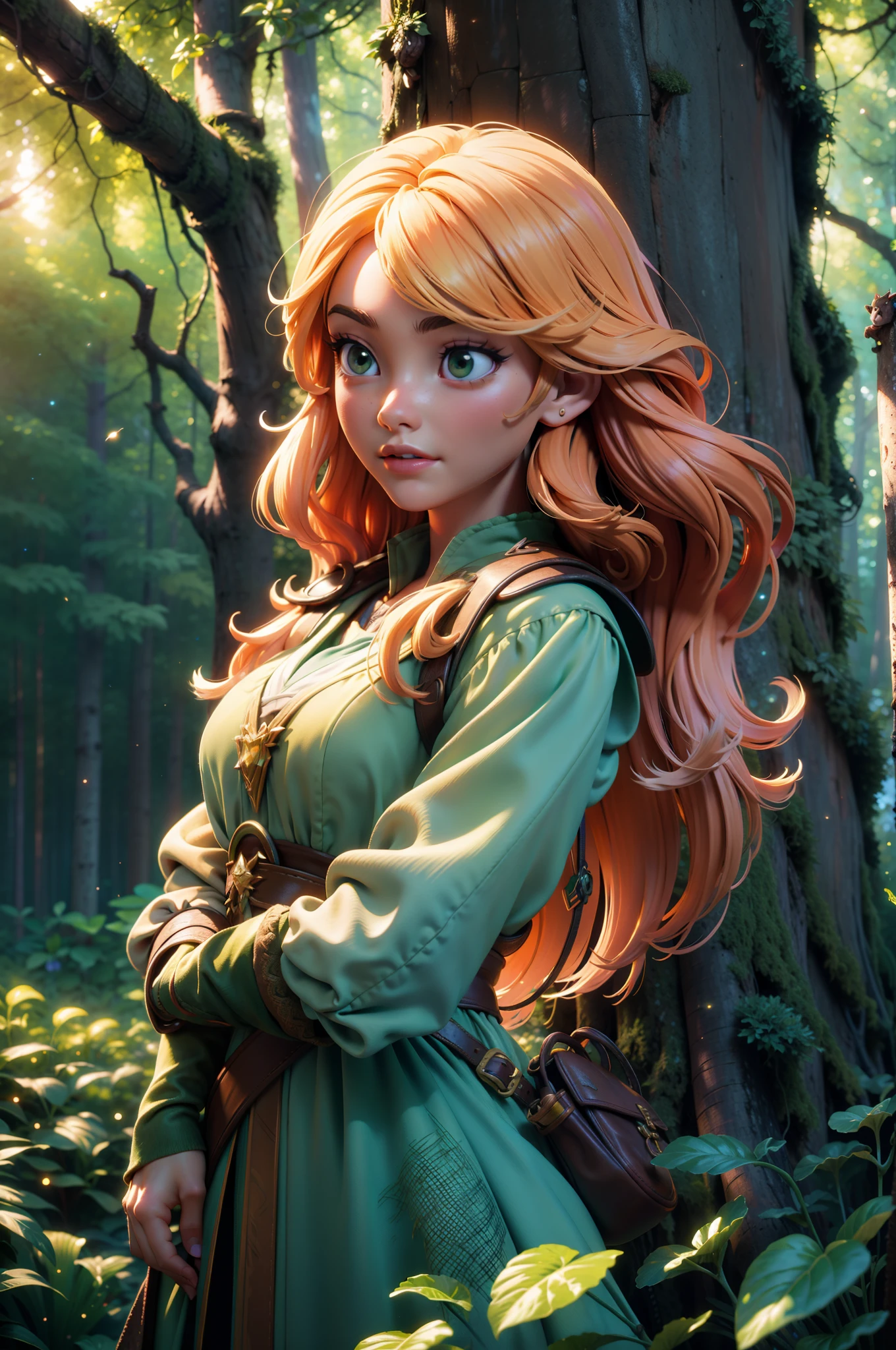 ギルド冒険者の衣装を着た美しい長髪の少女を捉えた傑作.  彼女は魅惑的な森の中にいる, 環境の要素と相互作用する.  前景は明るい, ぼやけた葉, beautiful colorful フラワーズ and fireflies.  背景の風景には光る茂みが描かれている, 草, フラワーズ, 光る木々と地面のリス.  長い髪と冒険的な服を着た美しい女の子もこの計画の一部です.  背景は濃い緑の森で構成されている.  構成は立体的である, 超高品質を提供する, 最大16K解像度とアニメスタイル.  3Dの視点を強調し、ダイナミックで自然な芸術作品を作成します.  カメラはダイナミックなアングルを使ってシーンを巧みに捉えている, 神秘的な雰囲気を高める.  柔らかな照明, 映画的なタッチで, シーンに魔法の雰囲気を添える, 青などの要素, 緑と黄色の明るさ, 柔らかさと粒子が創造的でダイナミックなタッチを加えます.  ミネラルトーン, オクタンレンダリングとプロのポストプロダクションにより、シーンにユニークで洗練されたスタイルが加わります。.