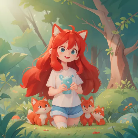 (extremely detailed CG unit 8k wallpaper,master part, best quality, ultra-detailed),(best lighting, Best shadow, extremely delicate and beautiful),floating,adorable red-haired girl, long hair,blue eyes, smiling wearing ( white t-shirt, denim shorts, long socks) Standing, with cat ears, smiling,Beautiful forest,Tall trees,green leaves,peaceful cleanup playing with fox in a forest, full of flowers, cute foxes, TALKING TO FOX