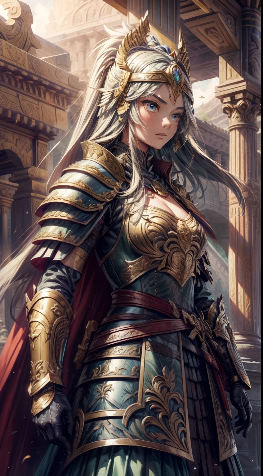 (A high resolution:1.2),Vintage oil painting,An extremely meticulous female swordsman,Beautiful facial features,Detailed armor and weapons,Vibrant colors,Soft lighting,dramatic pose,A backdrop of lush greenery and ancient ruins,sun rays peeking through the trees,Flowing cape,eye-catching composition,classical aesthetics,Ornate hilt,Decorative carving,A sword that shines with brilliance,Elaborate shields,Weathered stone texture,Dark red cloak,Emerald eyes,An aura of self-confidence and determination.